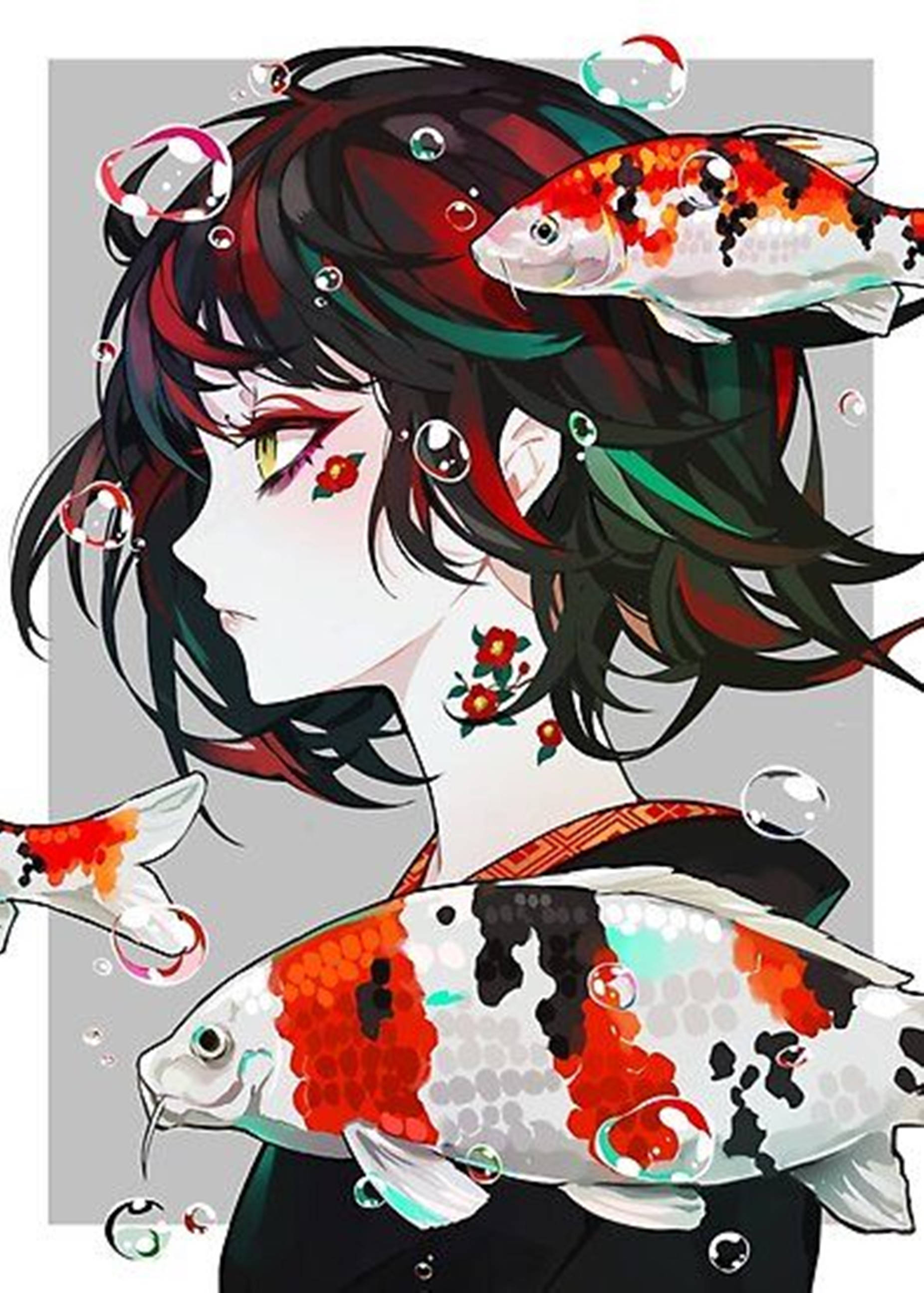 Koi Fish 桌布 壁紙 — 深色頭髮、帶有花卉刺青的動漫女孩，被色彩繽紛的錦鯉和漂浮的氣泡包圍。