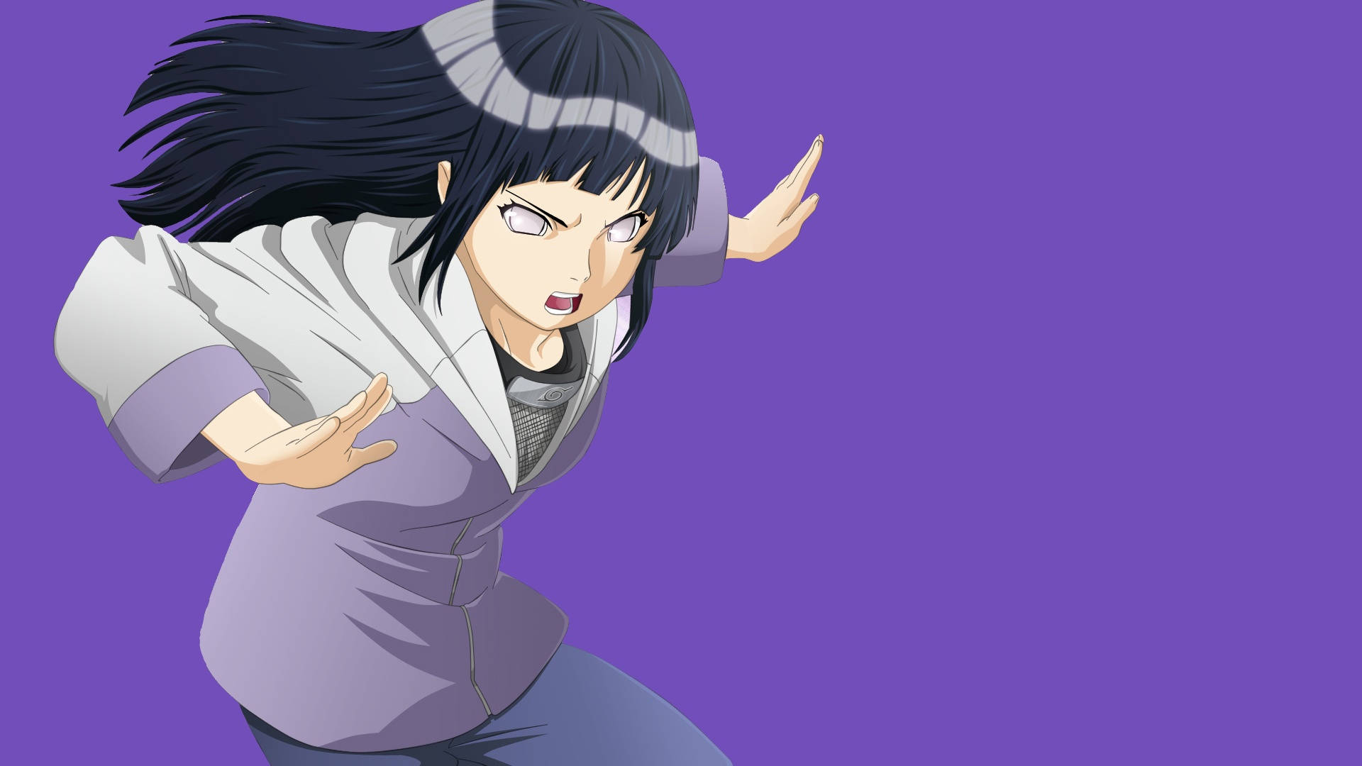 日向 桌布 壁紙 — 深色頭髮、戴頭帶的動漫女孩，在純紫色背景上擺出動態戰鬥姿勢。