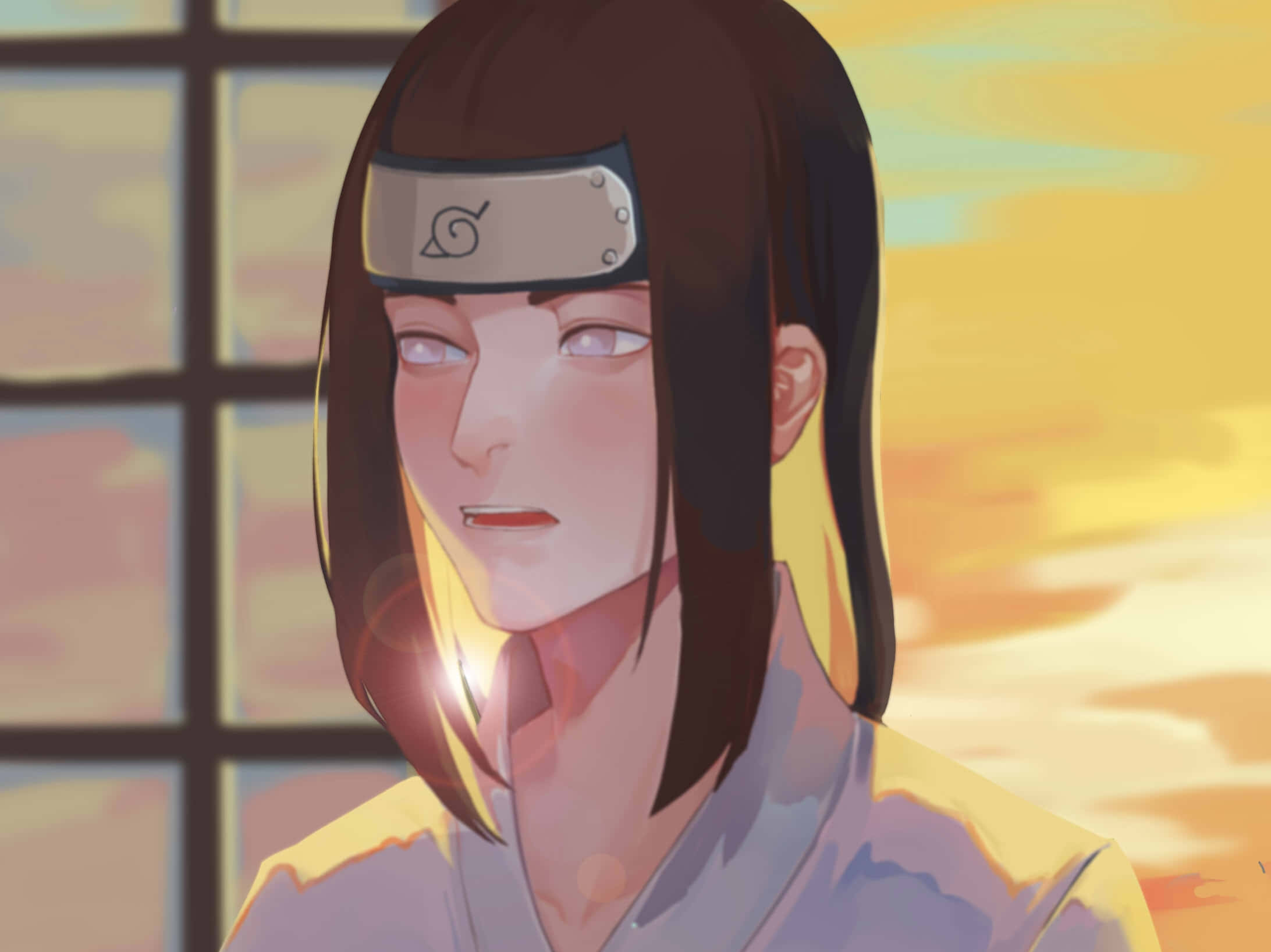 Neji Hyuga 桌布 壁紙 — 深色頭髮、戴頭帶的動漫女孩，透過窗戶溫柔地凝視著溫暖的夕陽。