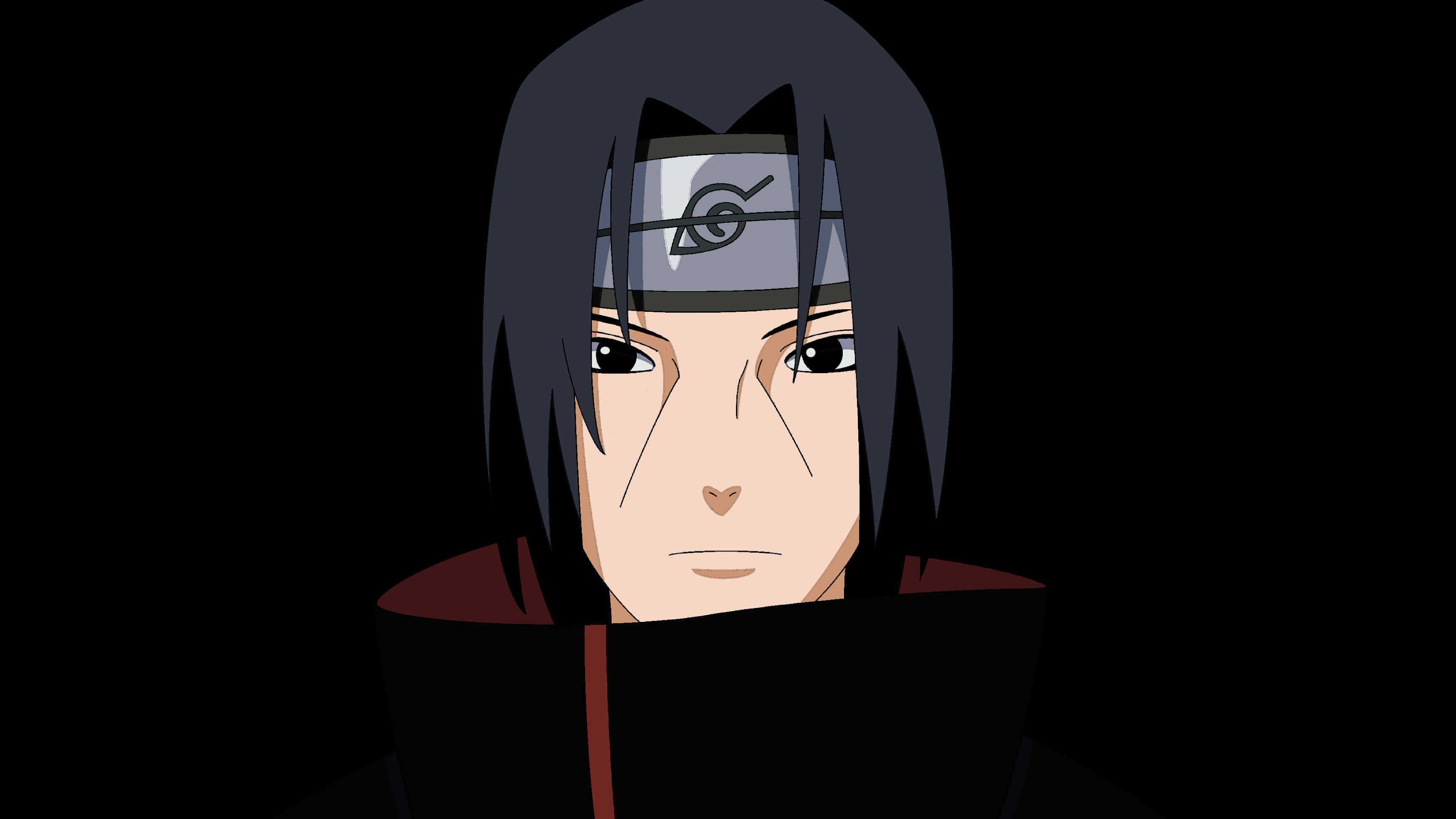 Naruto Itachi 桌布 壁紙 — 深色頭髮、戴頭帶的動漫角色在黑色背景下專注地凝視。
