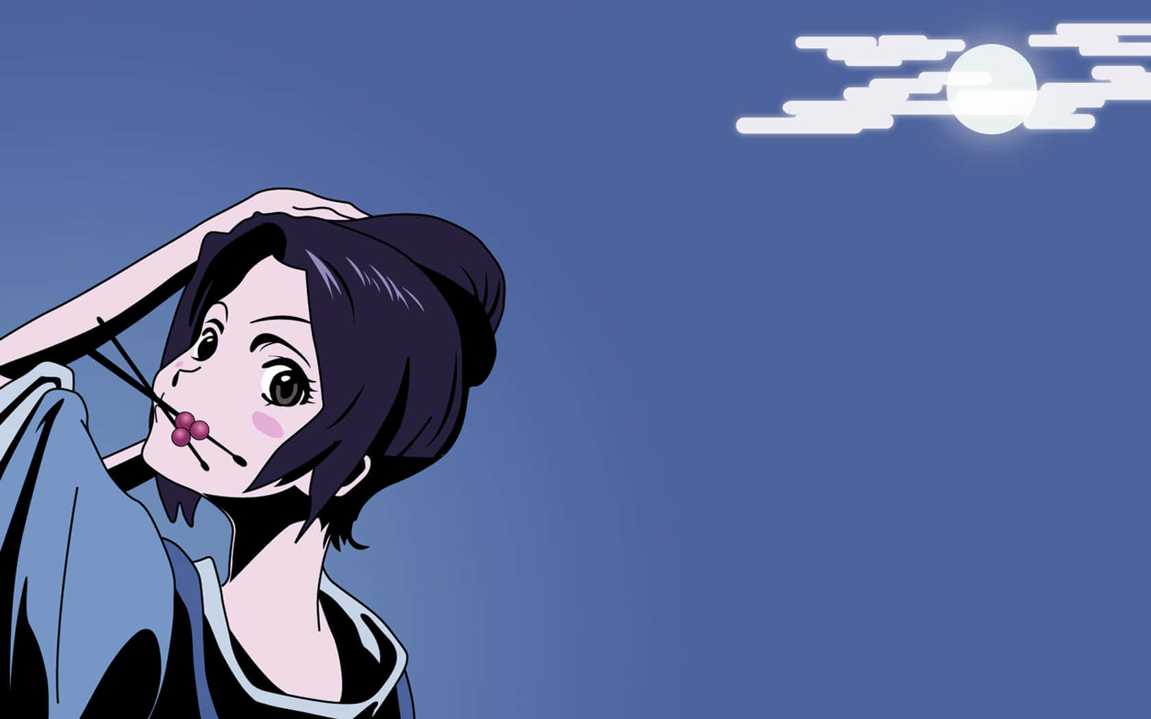 Samurai Champloo 桌布 壁紙 — 深色頭髮、粉紅色吹嘴的動漫女孩在藍天白雲和月亮下向上凝視。