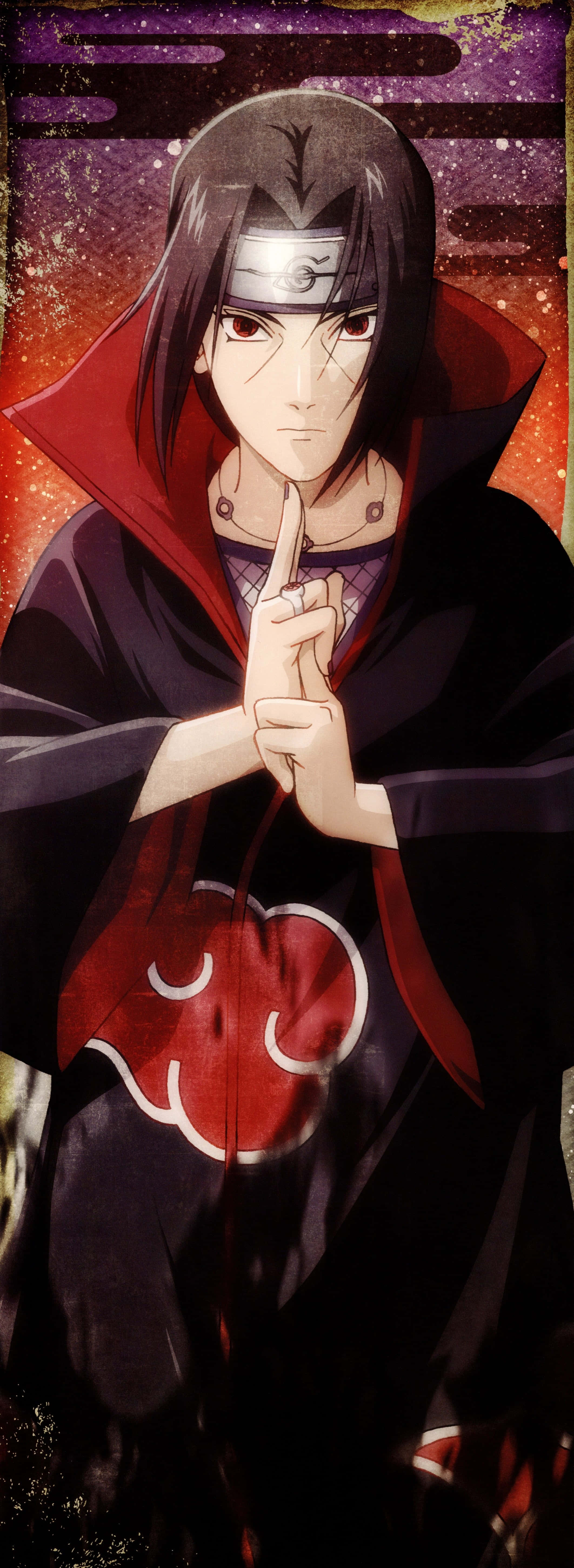 Akatsuki Ninja 桌布 壁紙 — 深色頭髮、紅色斗篷的動漫角色在宇宙紫色和橙色背景前結手印。