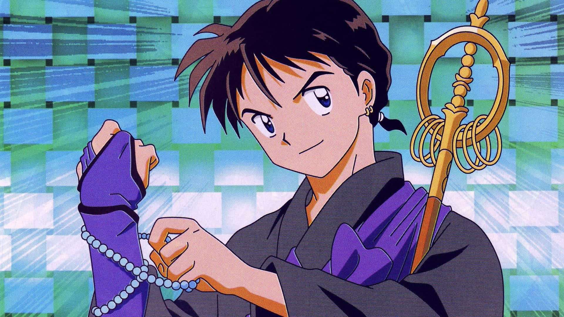 Miroku 桌布 壁紙 — 深色頭髮、身穿紫色長袍的動漫角色，在藍綠色格紋背景前手持念珠。
