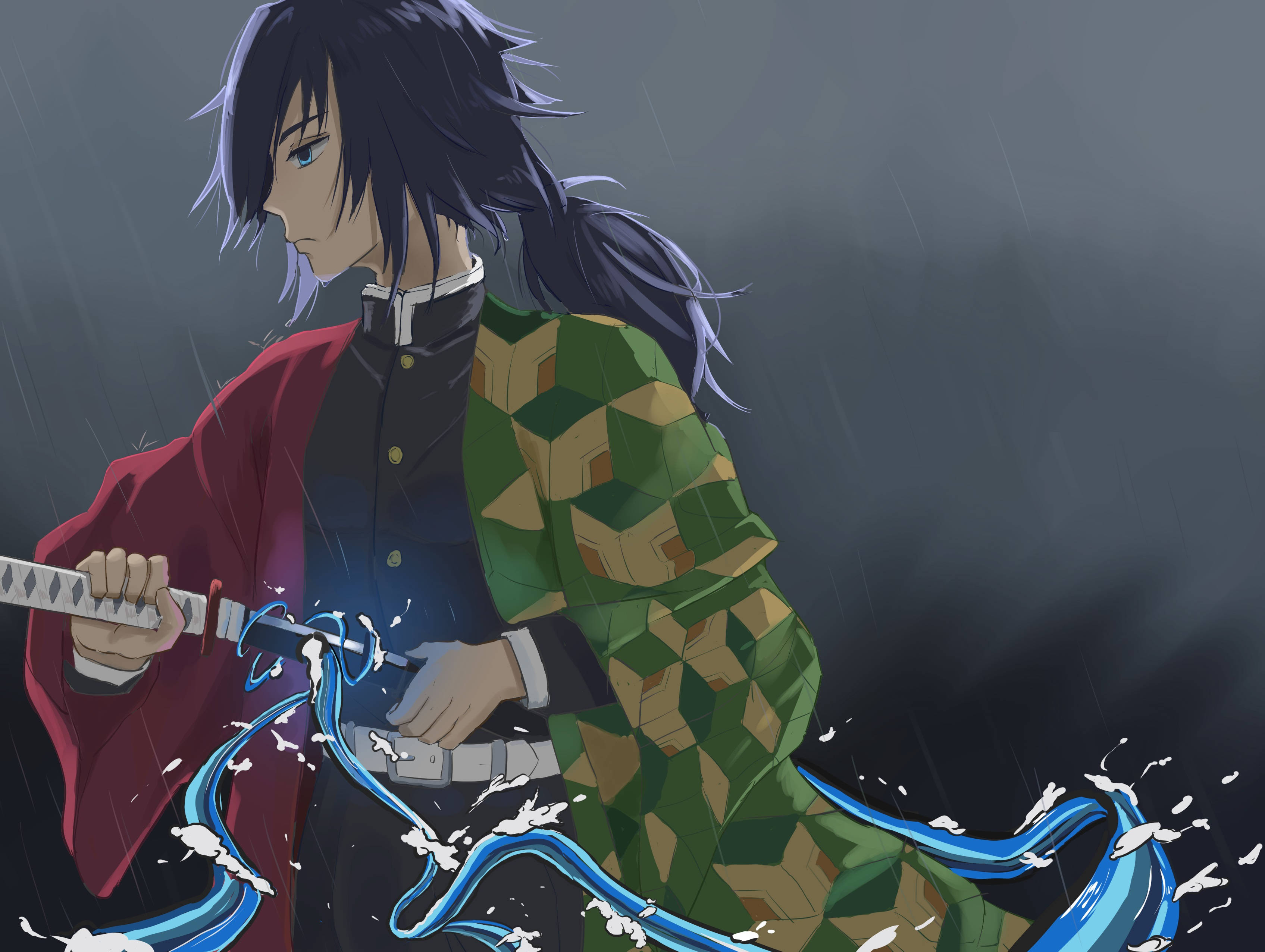 Giyuu Tomioka 桌布 壁紙 — 深色頭髮、身穿綠色圖案和服的動漫戰士在雨中灰色場景中揮劍，藍色水花四濺。