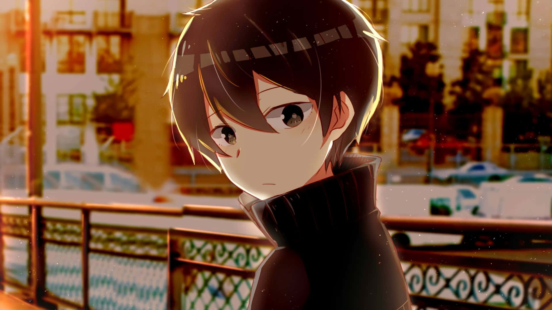 Kazuto Kirigaya 桌布 壁紙 — 深色頭髮、身穿連帽衫的動漫男孩站在橋欄杆上沉思，金色夕陽灑滿都市背景。