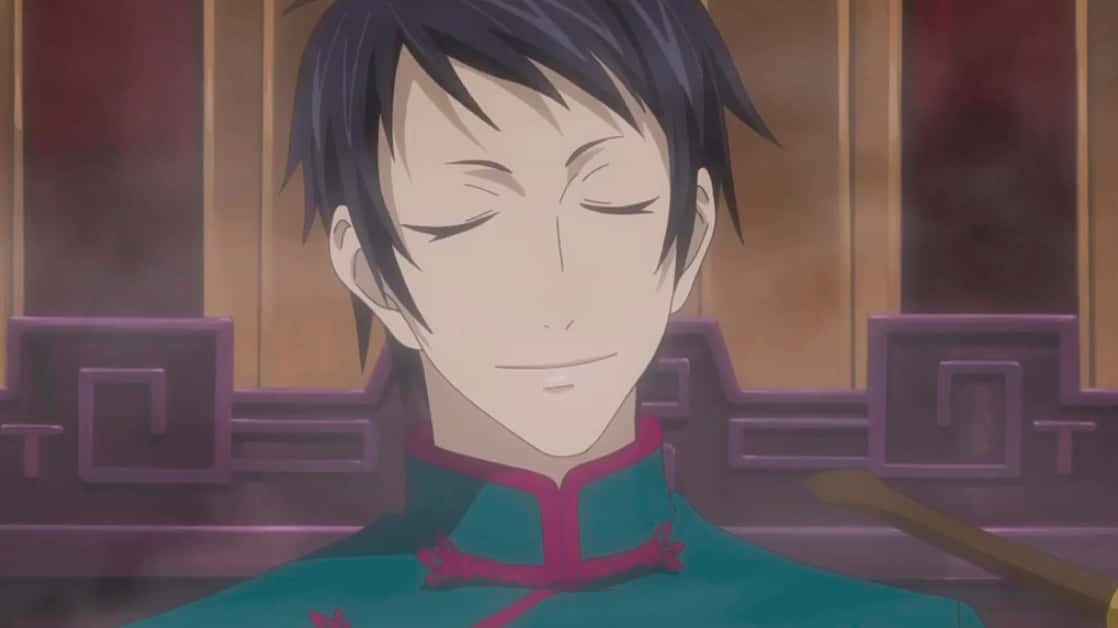 Black Butler Lau 桌布 壁紙 — 深色頭髮、閉著眼睛的動漫角色，穿著帶有粉紅色飾邊的藍綠色傳統服裝，溫柔地微笑。