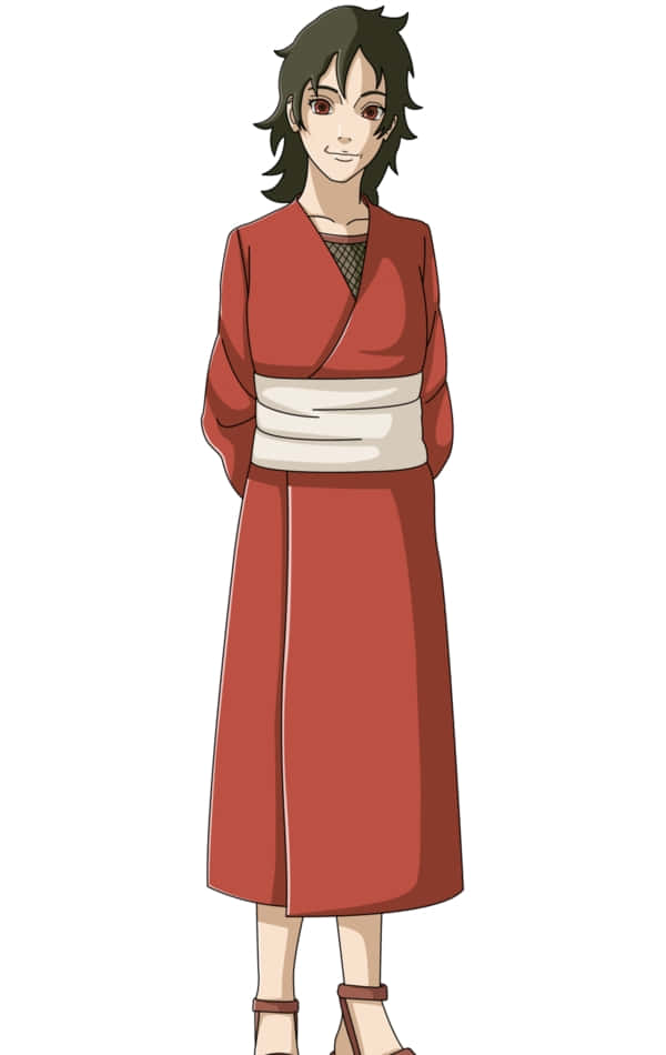Kurenai Yuhi 桌布 壁紙 — 深色頭髮和紅色眼睛的動漫角色，身穿帶白色腰帶的紅色長袍，站在純白色背景前。