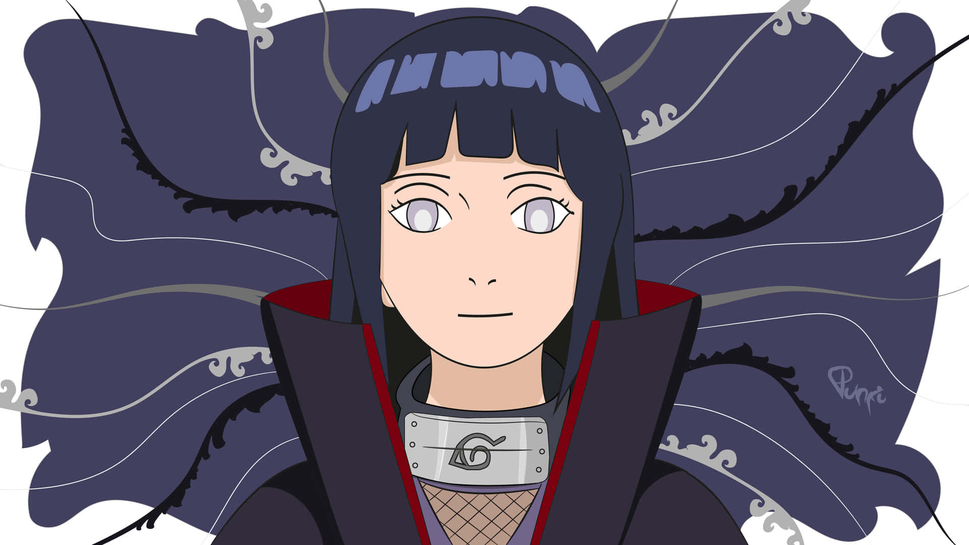 Akatsuki Hinata 桌布 壁紙 — 深色頭髮和銀色眼睛的動漫角色，穿著帶有紅色內襯的深色斗篷和銀色額頭護具。
