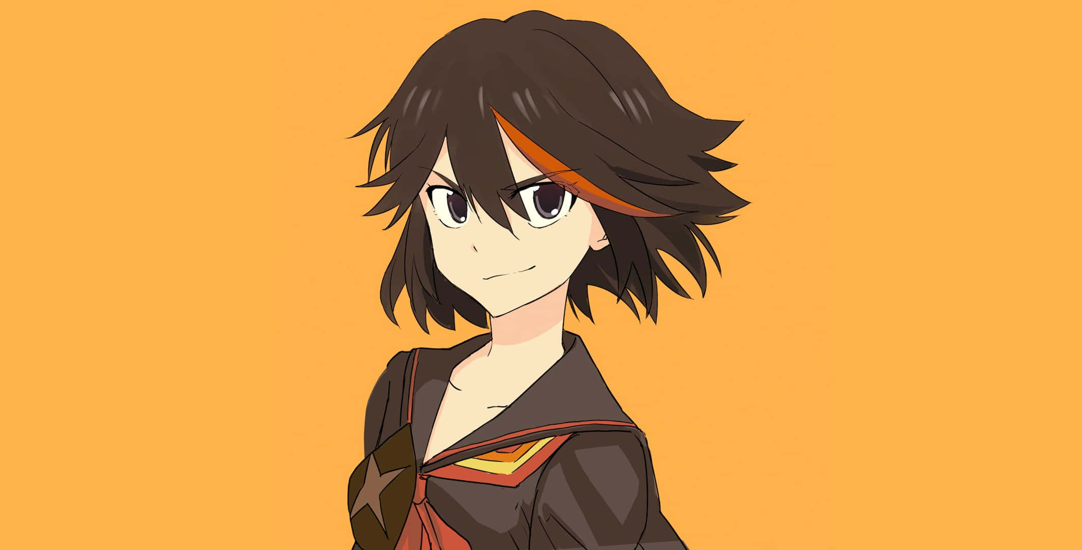 動漫 桌布 壁紙 — 深色頭髮帶橙色挑染的動漫女孩在純橙色背景上溫柔微笑。