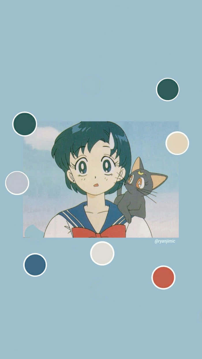 Sailor Moon iPad 桌布 壁紙 — 深色頭髮的動漫女孩穿著水手服，在柔和的藍天背景中抱著一隻黑貓，周圍漂浮著彩色圓圈。