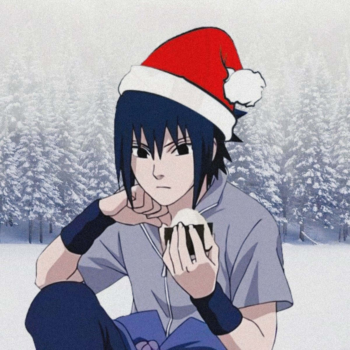 動漫男孩 桌布 壁紙 — 深色頭髮的動漫角色戴著紅色聖誕帽，在雪地森林中拿著雪球。