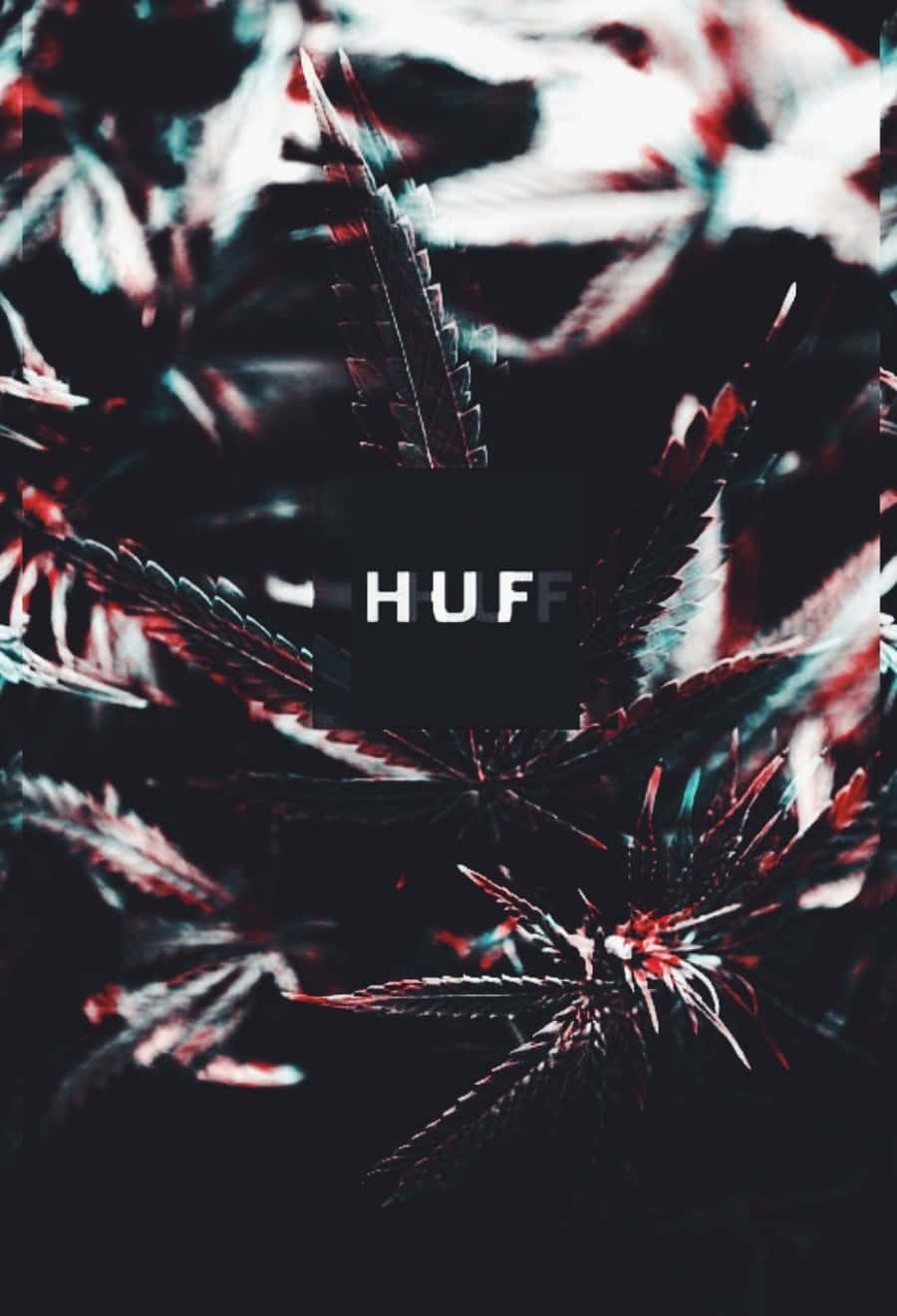 桌布 壁紙 — 深色風格化的大麻葉，帶有紅色和藍綠色亮點，框住粗體白色文字中的「HUFF」一詞。