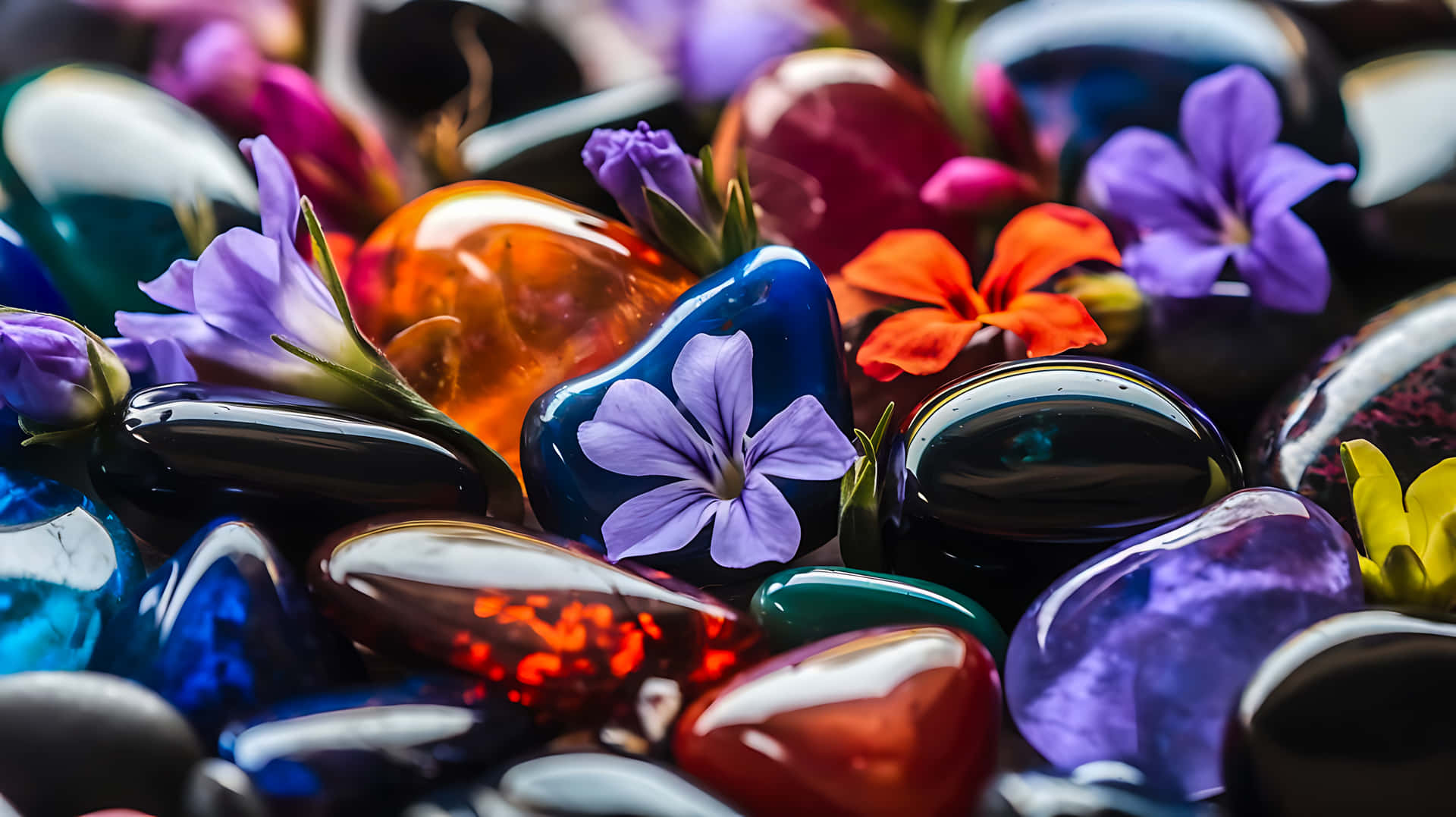 Close up of colorful stones with flowers scattered 壁紙 — 深藍、深紅和深紫色的鮮豔光澤石頭，點綴著精緻的紫色、橙色和黃色花朵。