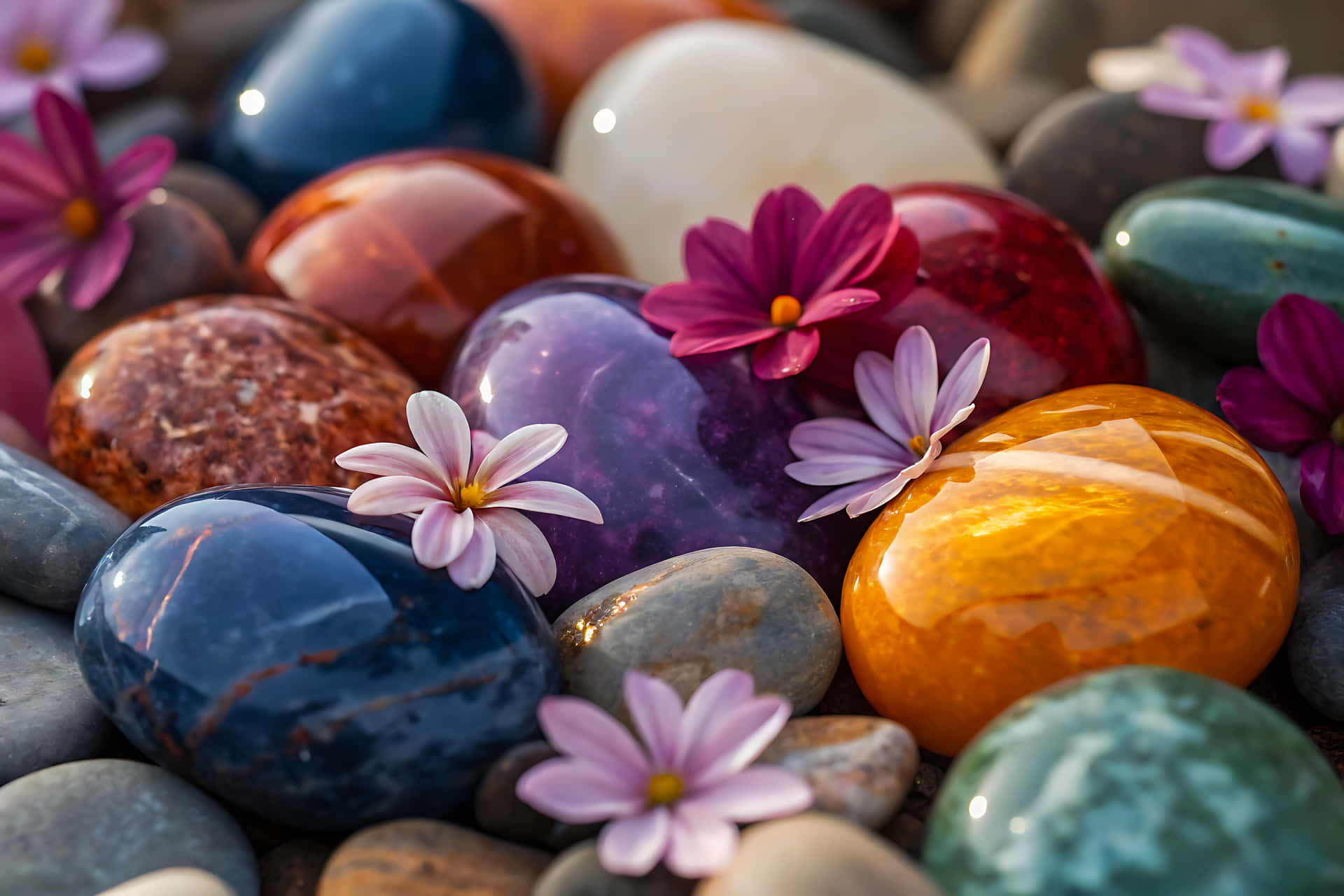 Polished stones with flowers in a close up view 壁紙 — 深藍、紫、橙色調的光澤多色河石，點綴著精緻的粉紅和紫色花朵。