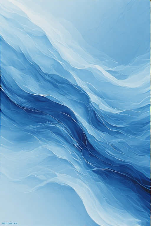Minimalist Blue Ocean Waves Calming Summer 4K 壁紙 — 深藍到淺藍油漆的動態抽象波浪，帶有柔和的白色亮點，沿對角線流過畫布。