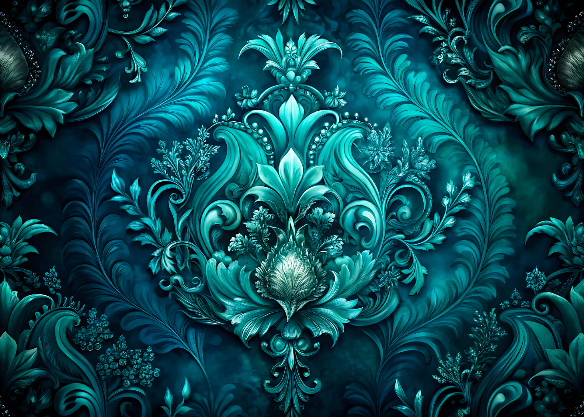 Abstract floral vector pattern with blue swirls and vintage flower ornamentation 壁紙 — 深藍綠色和祖母綠色的華麗對稱花卉圖案，在深色背景上帶有金屬亮點。