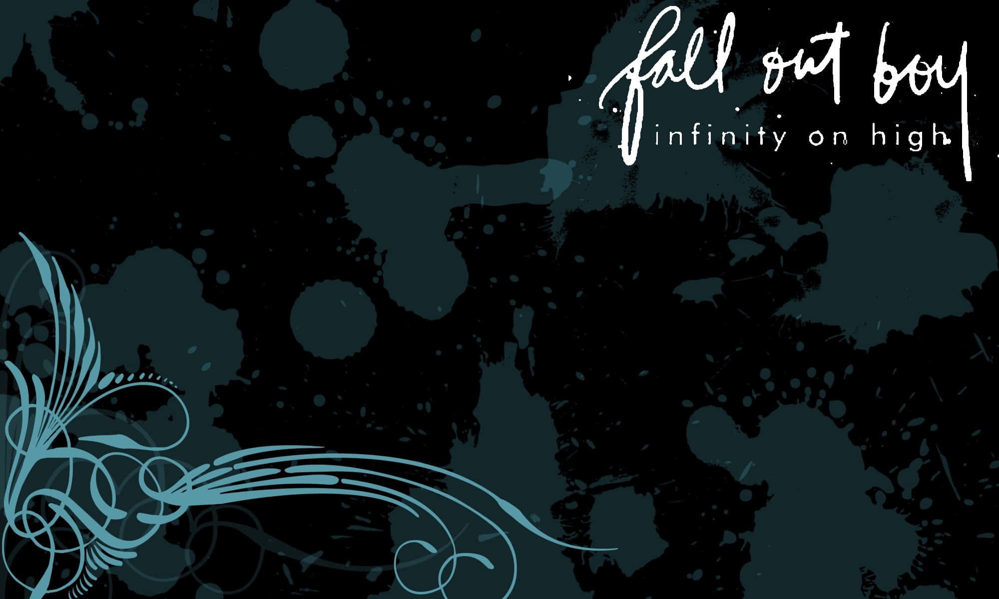 fall out boy 桌布 壁紙 — 深藍綠色和黑色潑濺背景，帶有優雅的淺藍色漩渦和白色手寫樂團名稱文字。