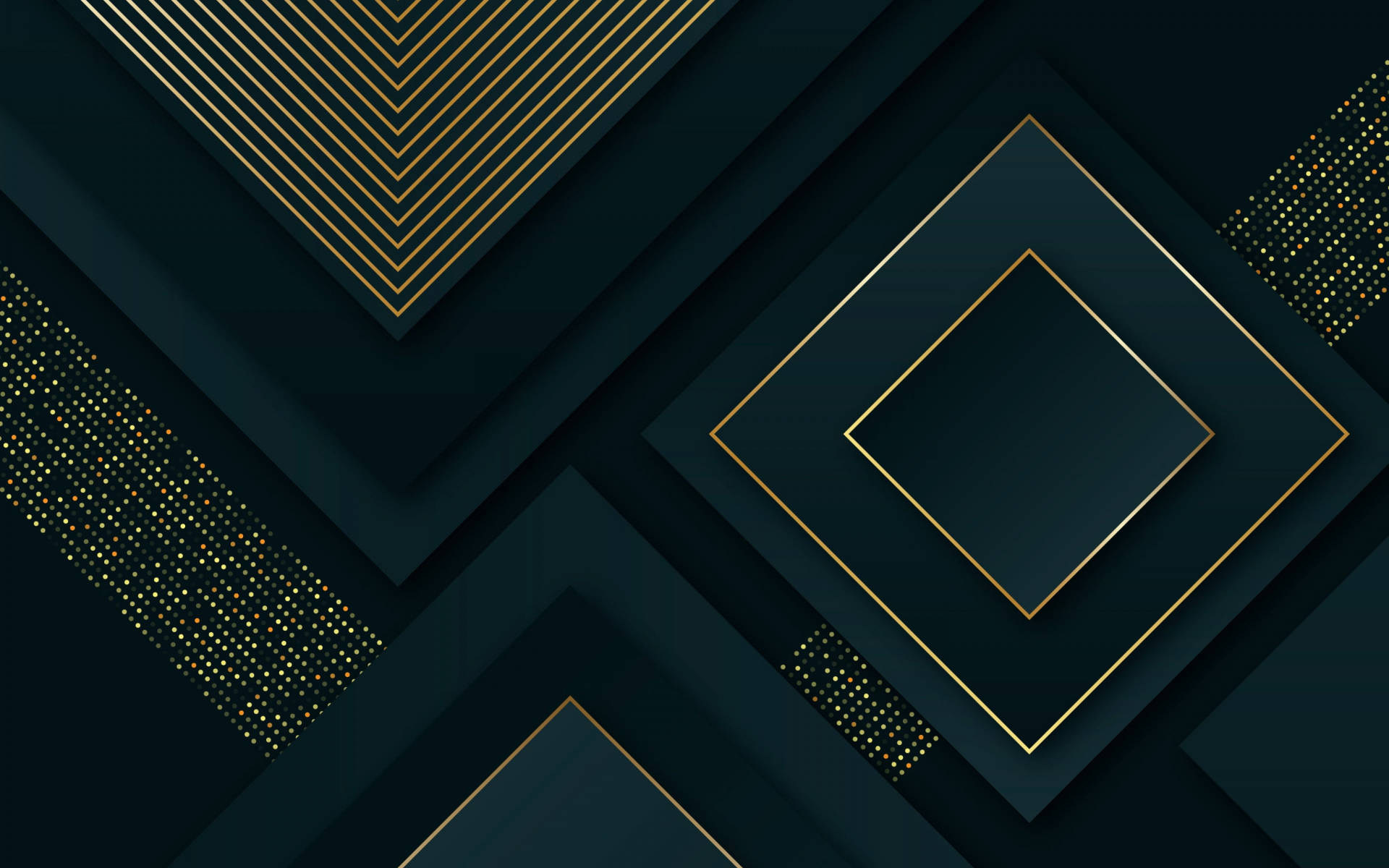 Android Material Design 桌布 壁紙 — 深藍綠色幾何圖案壁紙，帶有分層金色線條和點綴裝飾，營造出奢華的抽象圖案。