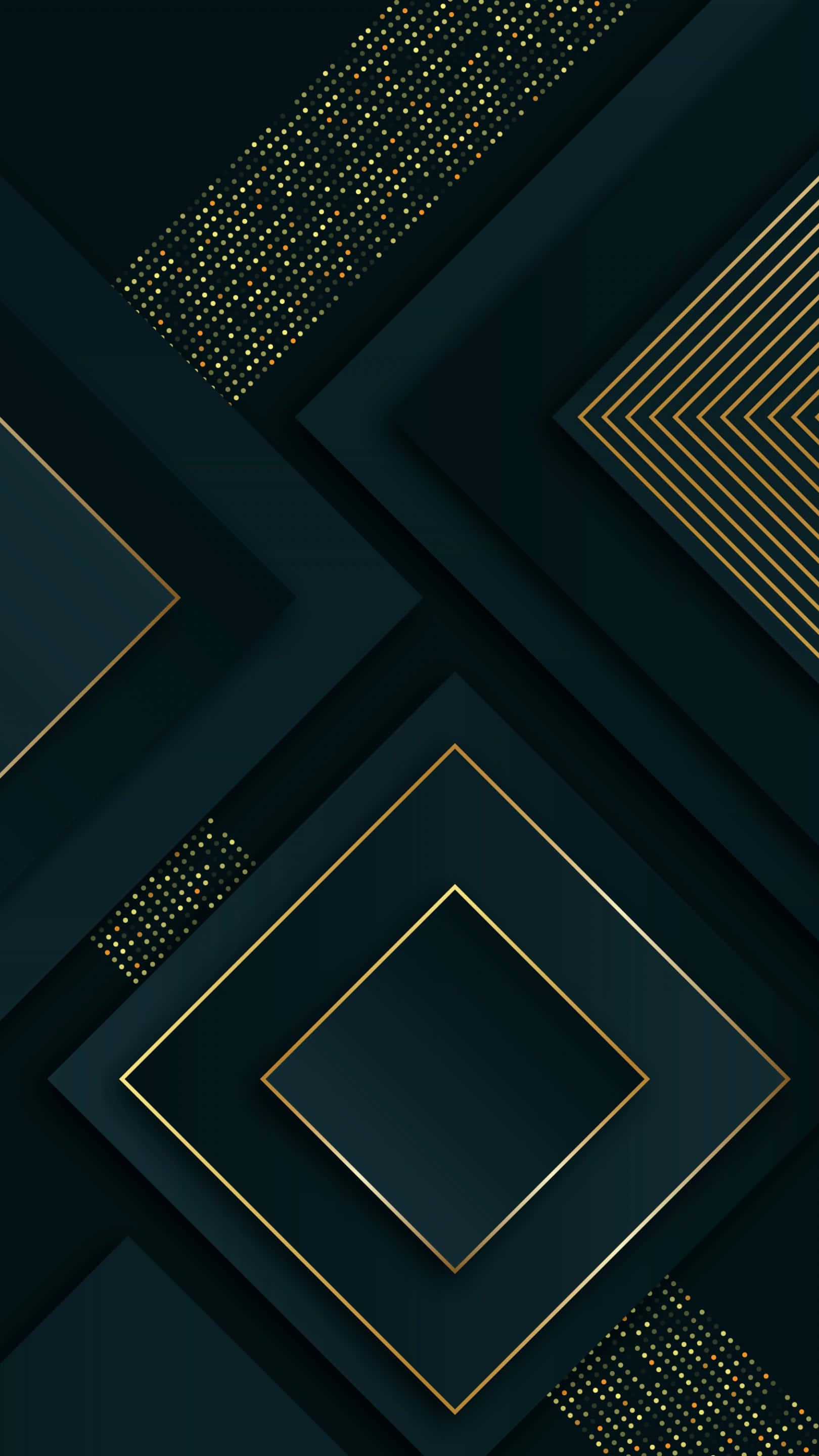 Android Material 桌布 壁紙 — 深藍綠色幾何圖案壁紙，帶有層疊的金色框線正方形和點狀裝飾，營造出奢華現代的抽象設計。