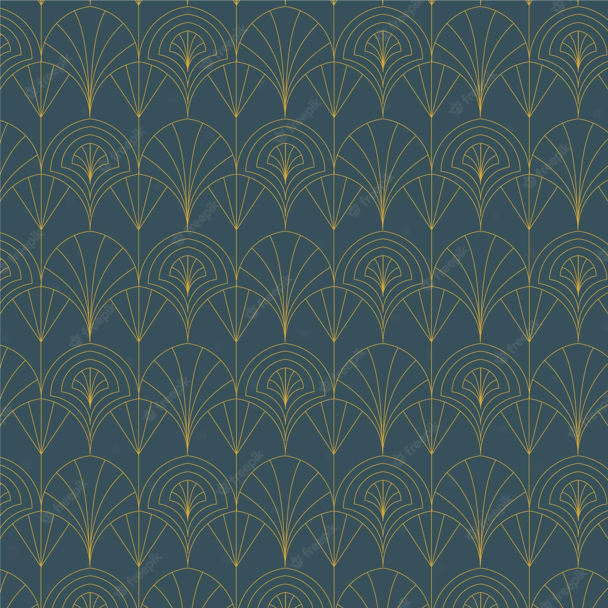 Art Deco iPhone 桌布 壁紙 — 深藍綠色背景上優雅重複的金色扇形幾何圖案。