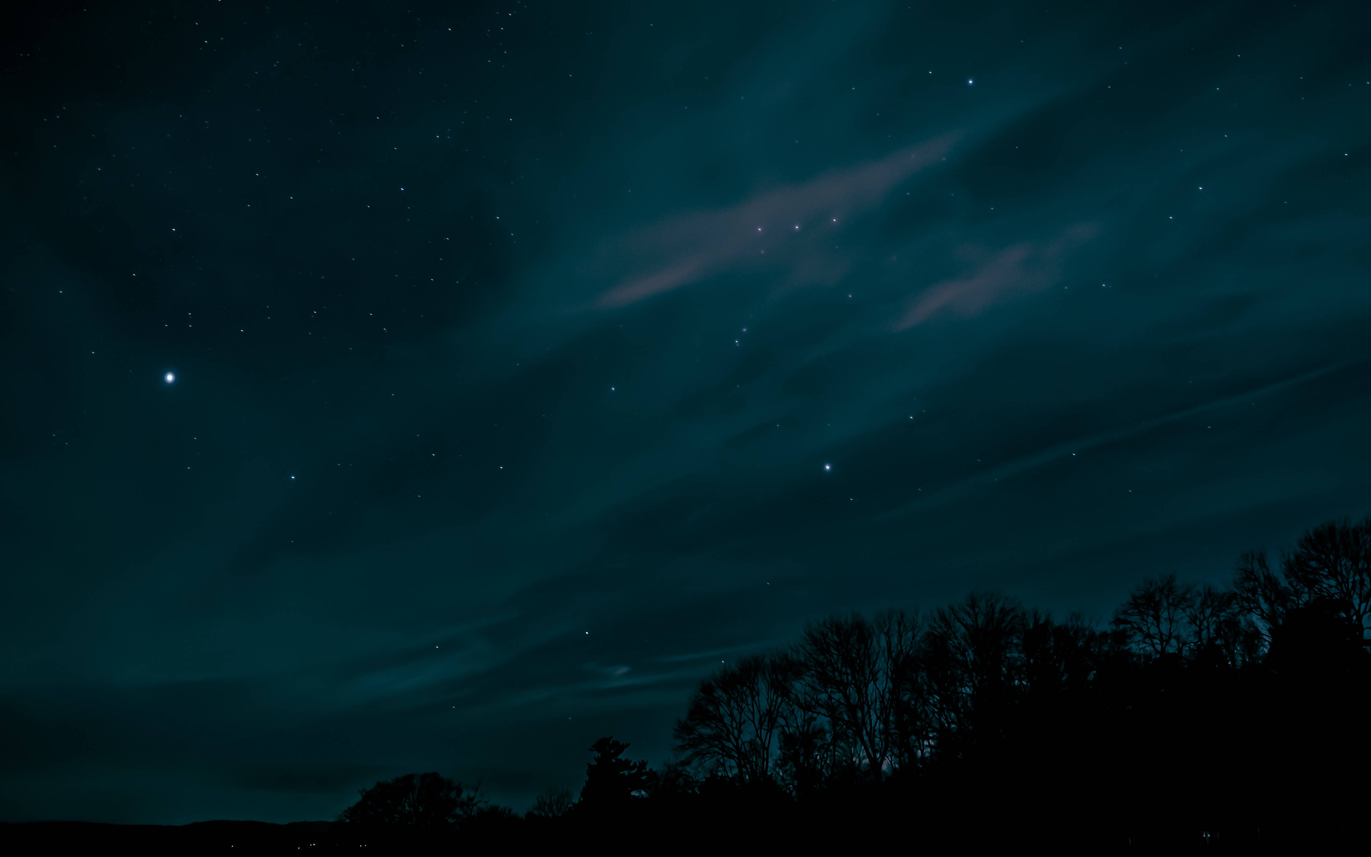 夜空 桌布 壁紙 — 深藍綠色雲層下，有微弱極光和剪影樹木的星空夜空。
