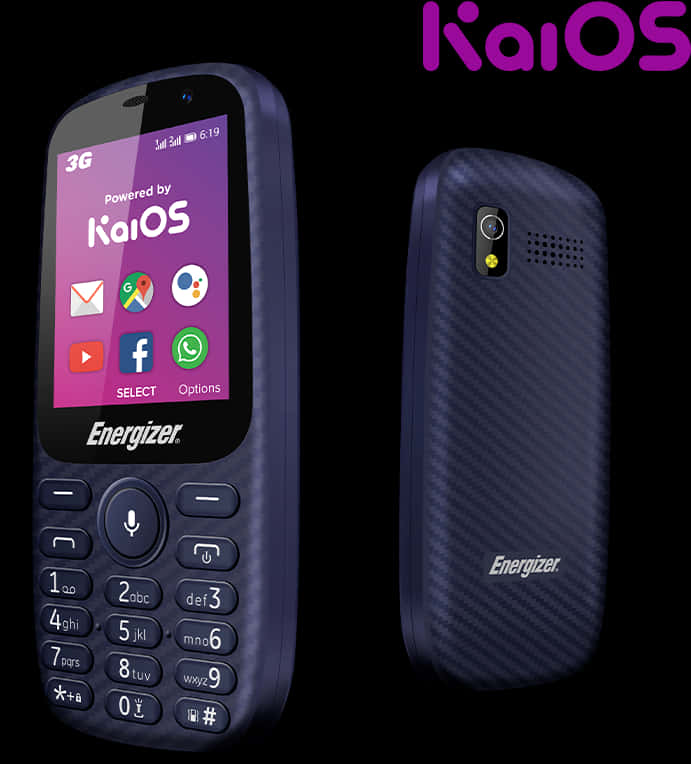 Mobile Phone 桌布 壁紙 — 深藍色 Energizer KaiOS 功能手機，正面和背面顯示在帶有紫色 KaiOS 標誌的黑色背景上。