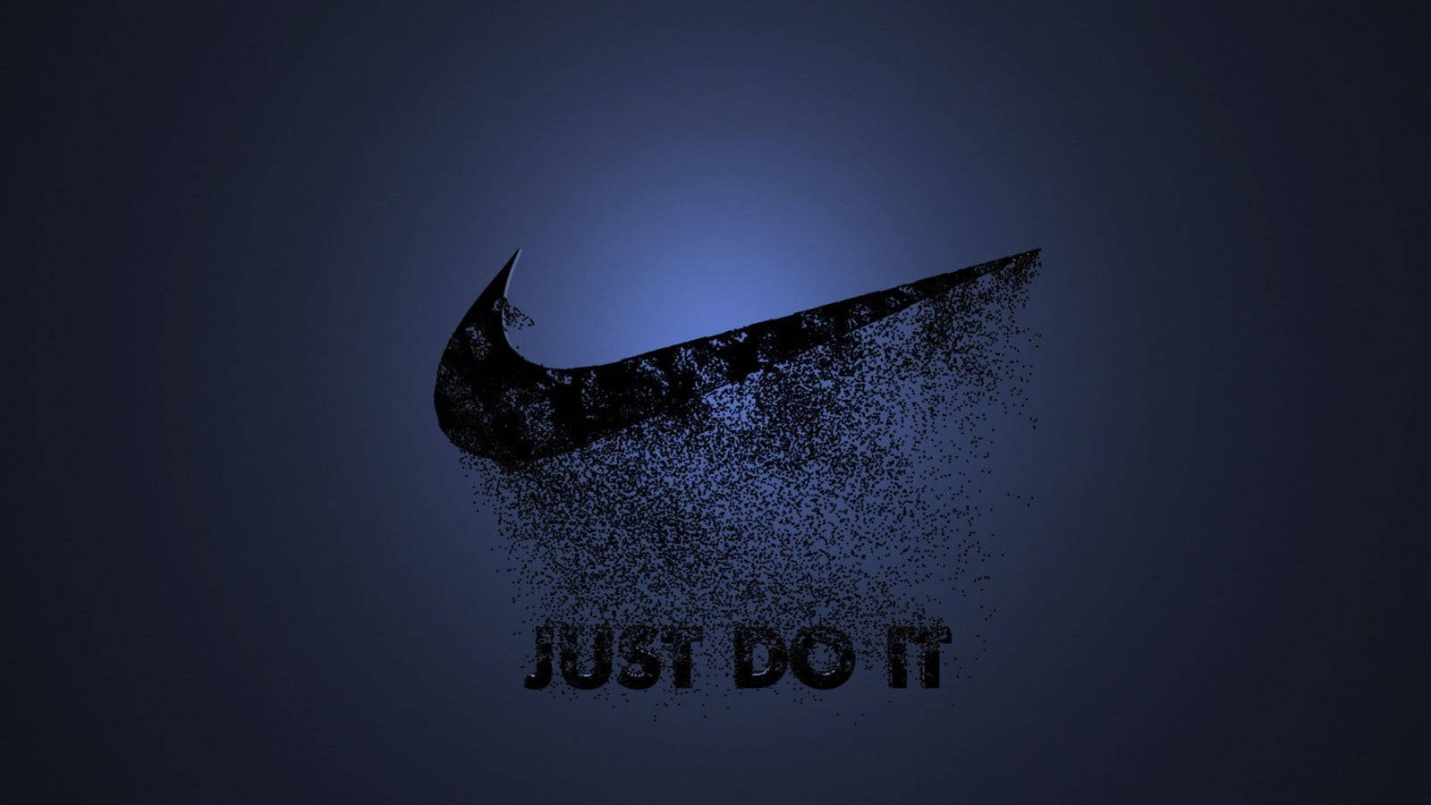 Nike iPhone 桌布 壁紙 — 深藍色Nike勾勾標誌分解成粒子，下方有「JUST DO IT」文字，背景為漸層色。