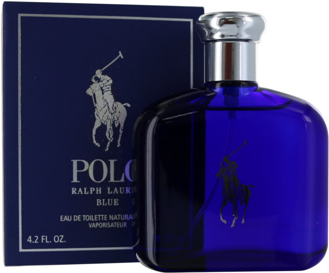 ralph lauren 桌布 壁紙 — 深藍色Ralph Lauren Polo Blue香水瓶，銀色瓶蓋，旁邊是帶有標誌性馬球運動員標誌的配套盒子。
