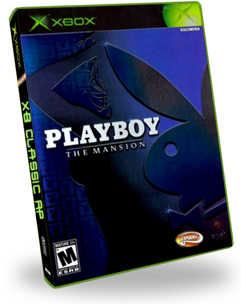 花花公子 桌布 壁紙 — 深藍色Xbox遊戲盒，用於Playboy The Mansion，具有風格化的兔子剪影和發光文字。