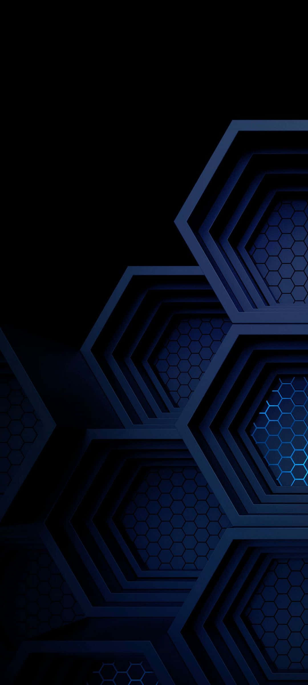 Blue Amoled 桌布 壁紙 — 深藍色六邊形幾何圖案，內部六邊形發光，背景為黑色。