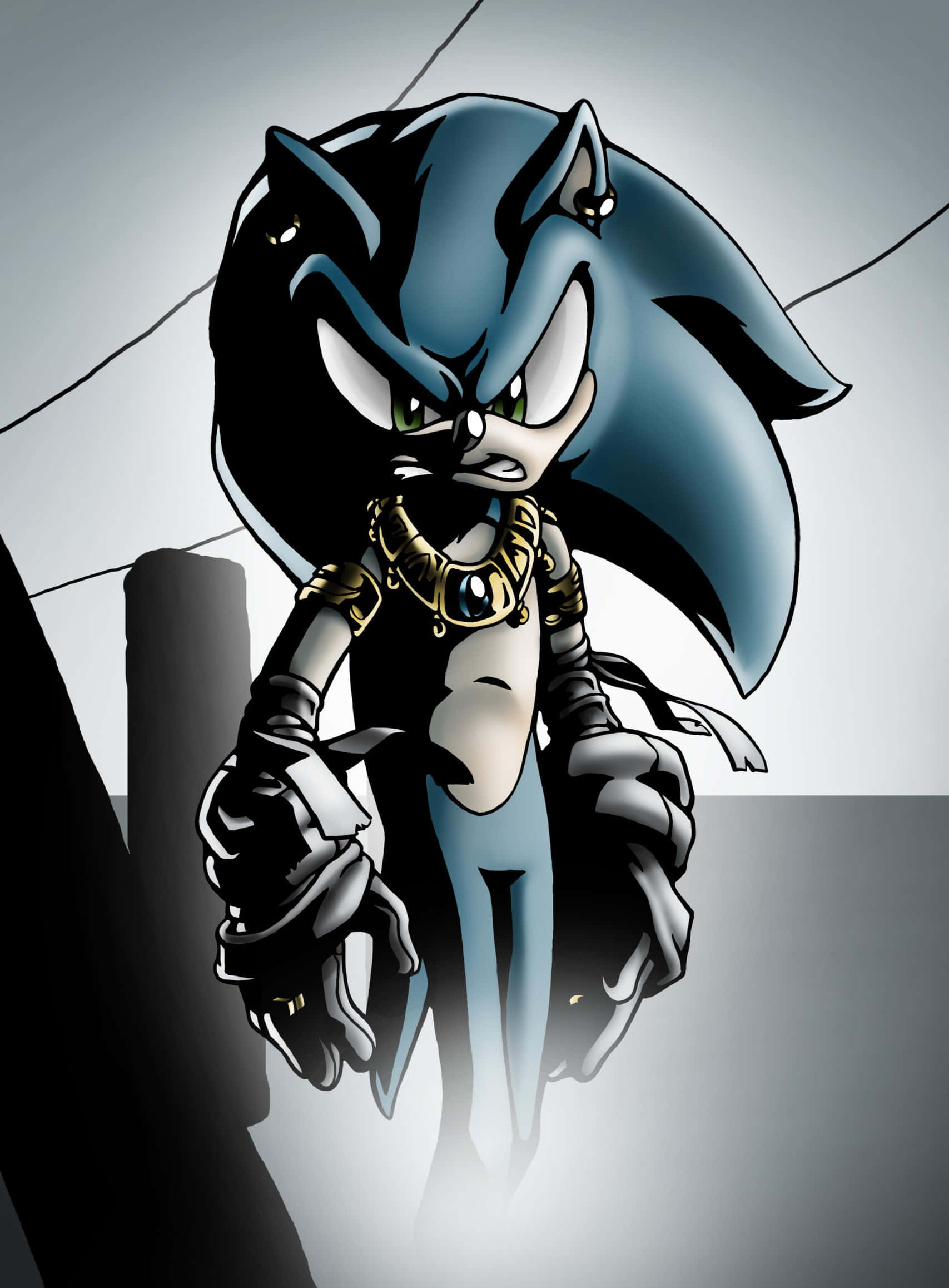 Sonic Characters 桌布 壁紙 — 深藍色刺蝟，擁有發光的綠色眼睛和金色飾物，在灰色背景前威嚇地站立。