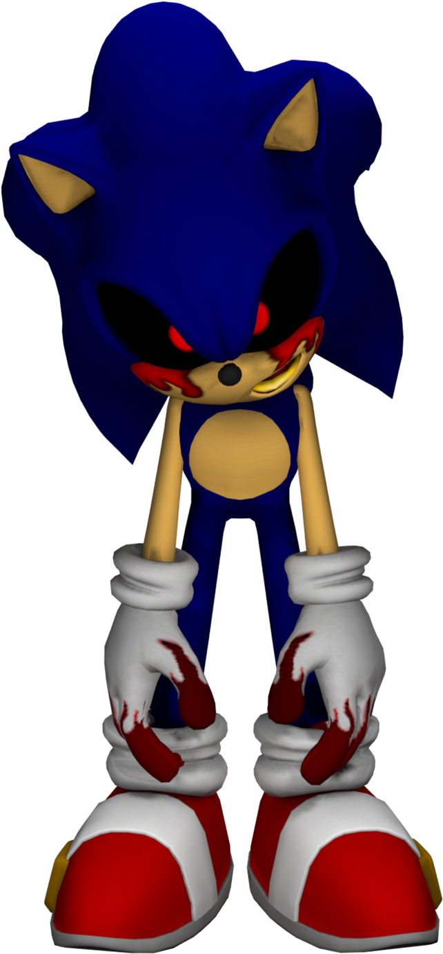 Sonic Exe 桌布 壁紙 — 深藍色刺蝟，眼睛發出紅光，雙手沾滿鮮血，站在黑色背景前。