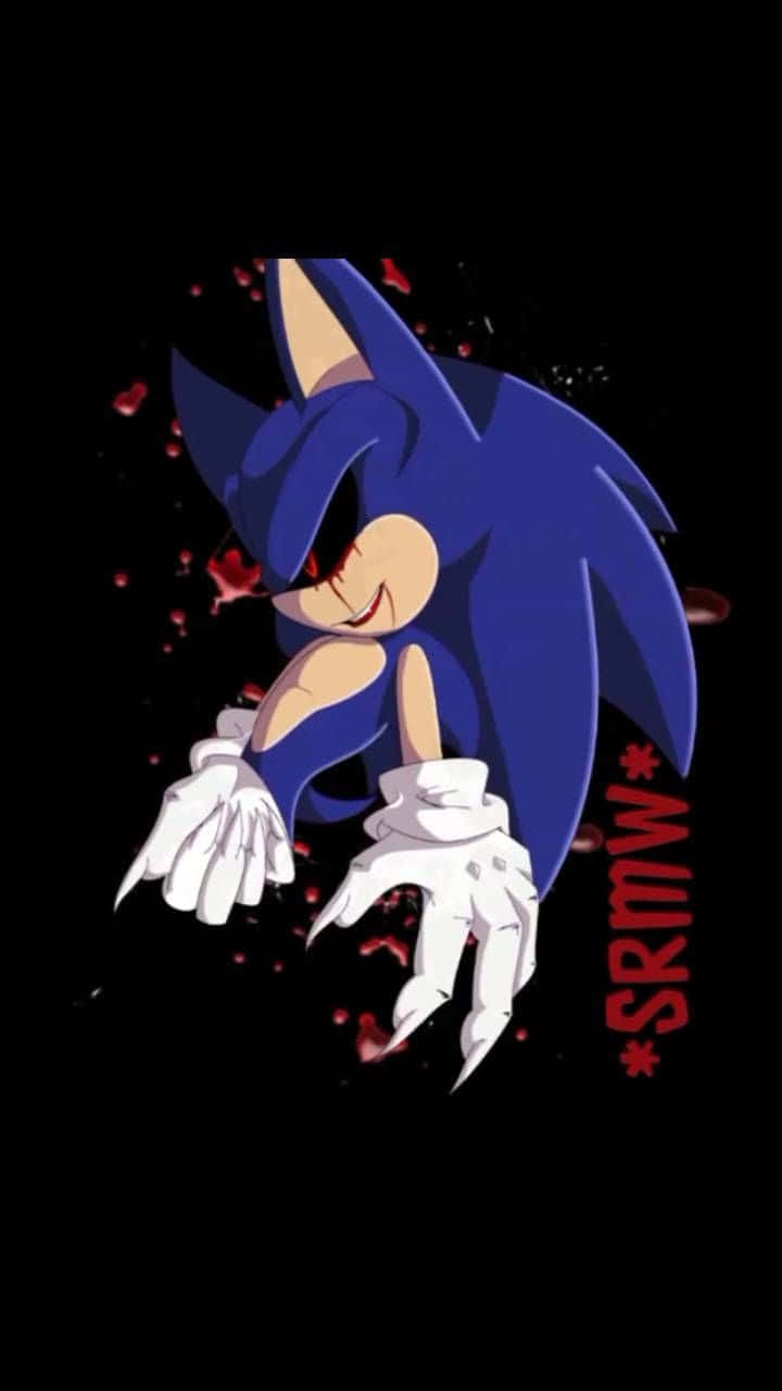 Sonic Exe 桌布 壁紙 — 深藍色刺蝟，紅眼睛，血跡斑斑，在黑色背景上露出威脅性的微笑。
