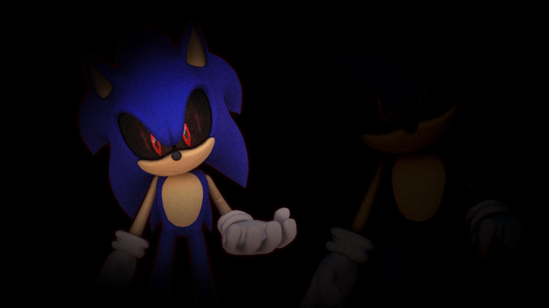 Sonic Exe 桌布 壁紙 — 深藍色刺蝟帶發光紅眼，在黑色背景上與陰影分身一起威嚇地站立。
