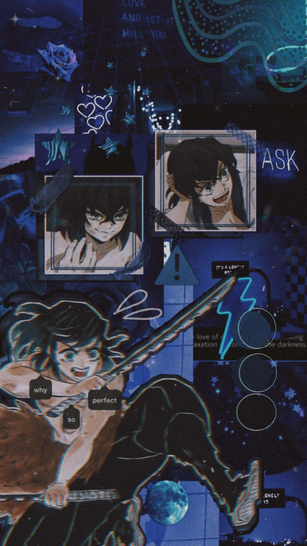Inosuke Aesthetic 桌布 壁紙 — 深藍色動漫拼貼畫，描繪一名持劍戰士，周圍環繞著浮動肖像和故障文字疊加。