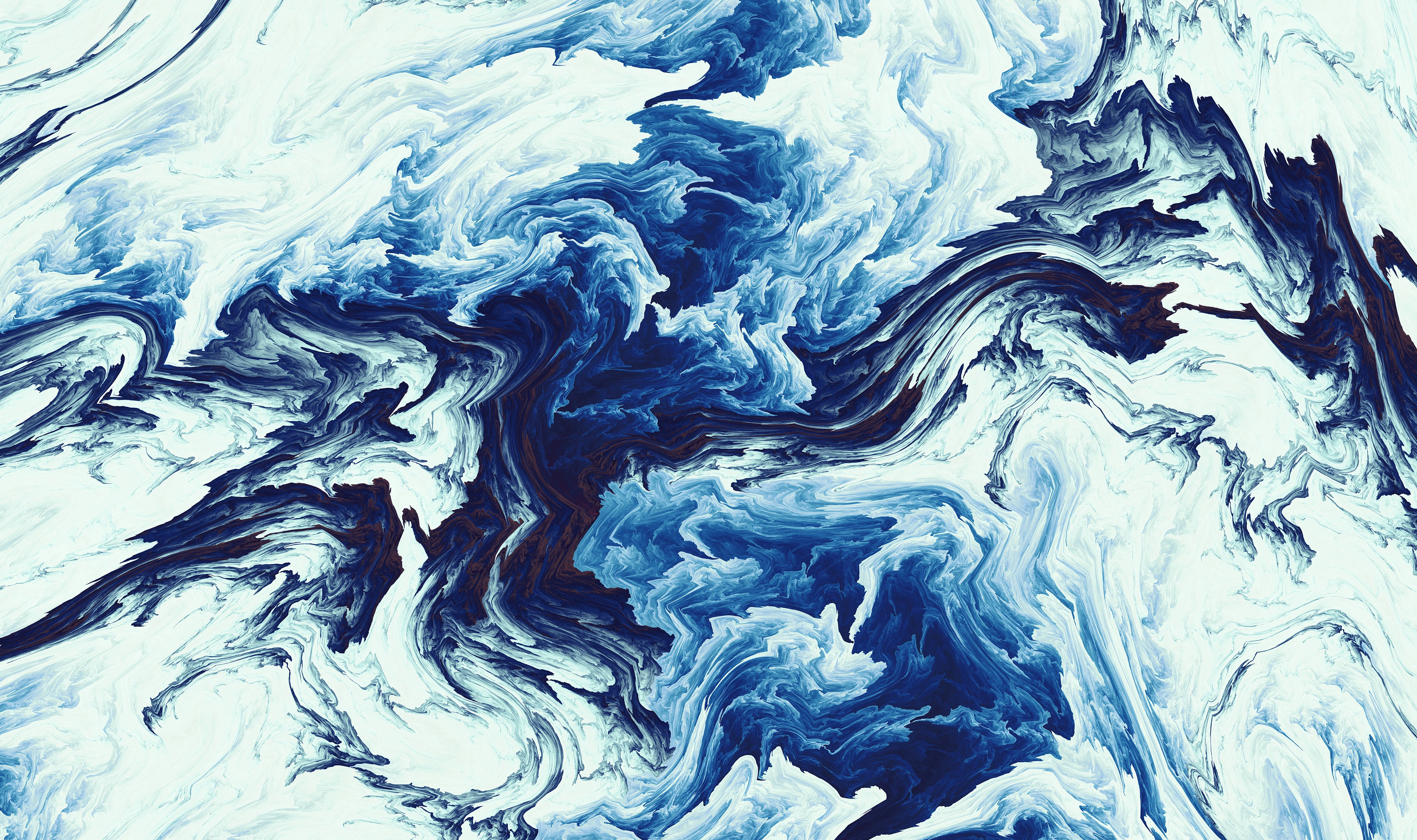 Blue And White 桌布 壁紙 — 深藍色和白色油漆的動態漩渦以有機、流暢的圖案在畫布上流動。