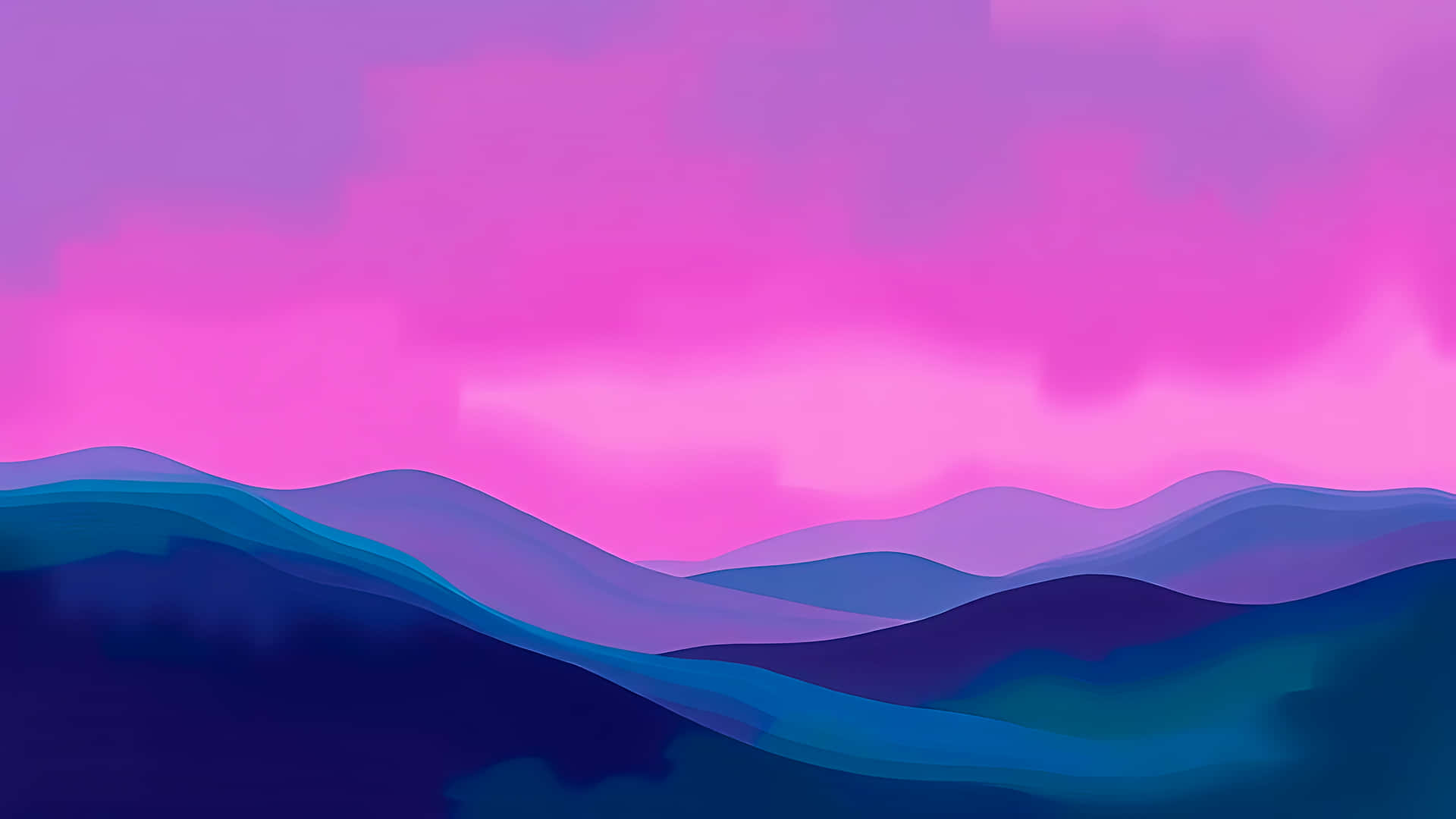 Abstract landscape illustration of rolling hills with a vibrant pink sky 壁紙 — 深藍色和紫色的層疊山脈剪影，在充滿活力的粉紅色和洋紅色天空下。
