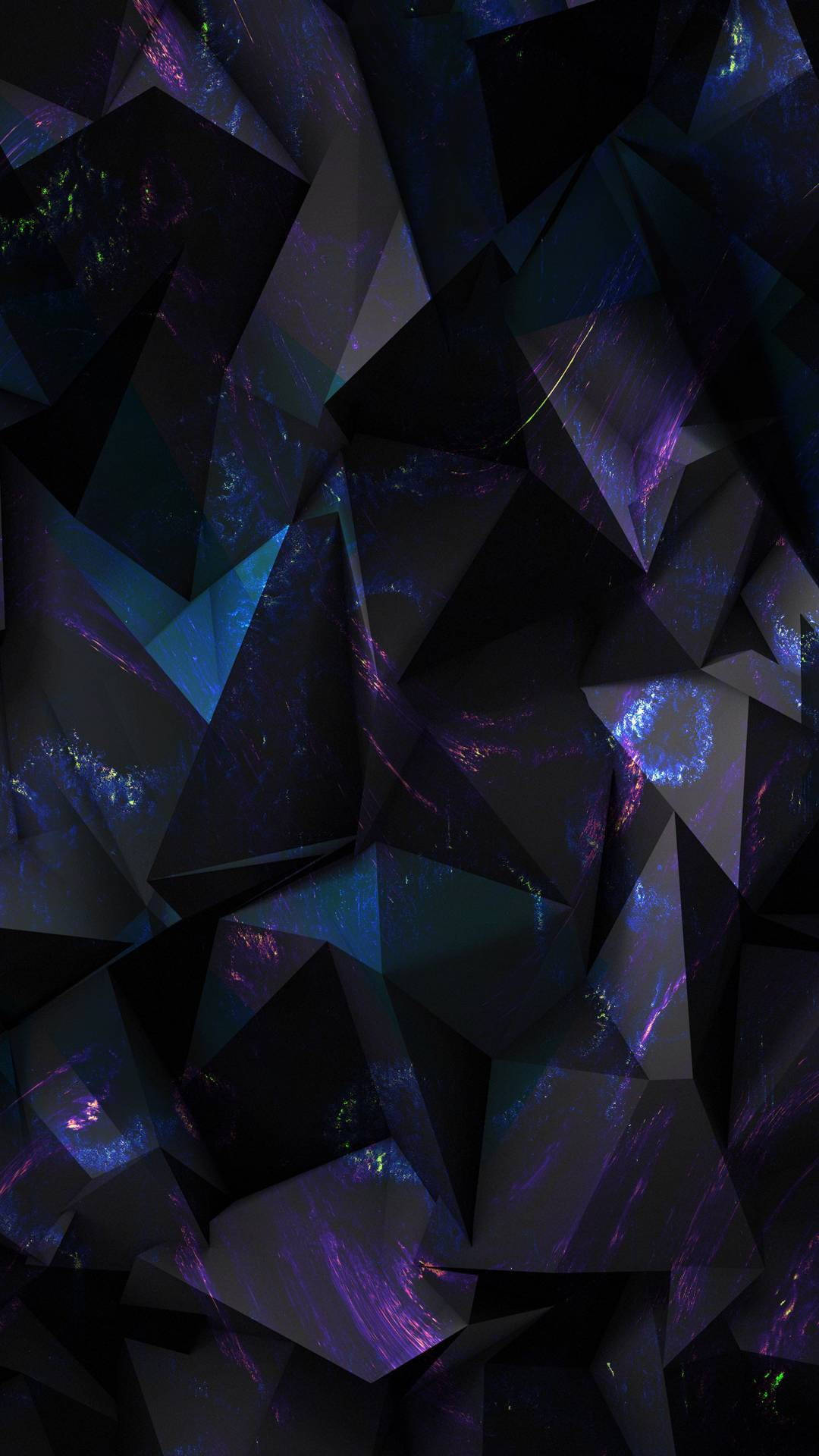 Purple And Black Aesthetic 桌布 壁紙 — 深藍色和紫色的抽象幾何碎片在黑暗背景上發出彩虹色脈絡的光芒。