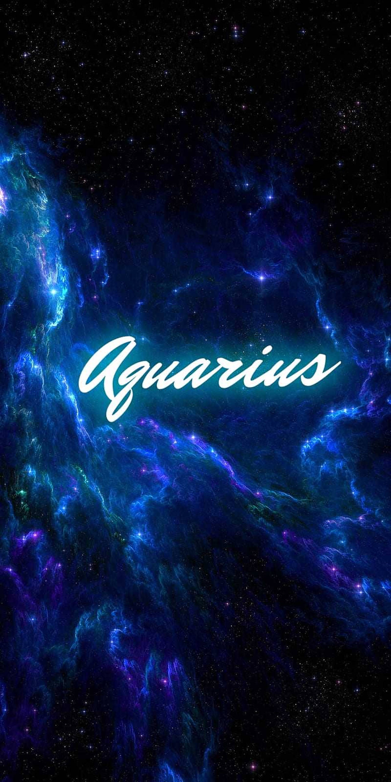 aquarius 桌布 壁紙 — 深藍色和紫色的鮮豔宇宙星雲，帶有閃爍的星星和發光白色字體的Aquarius字樣。