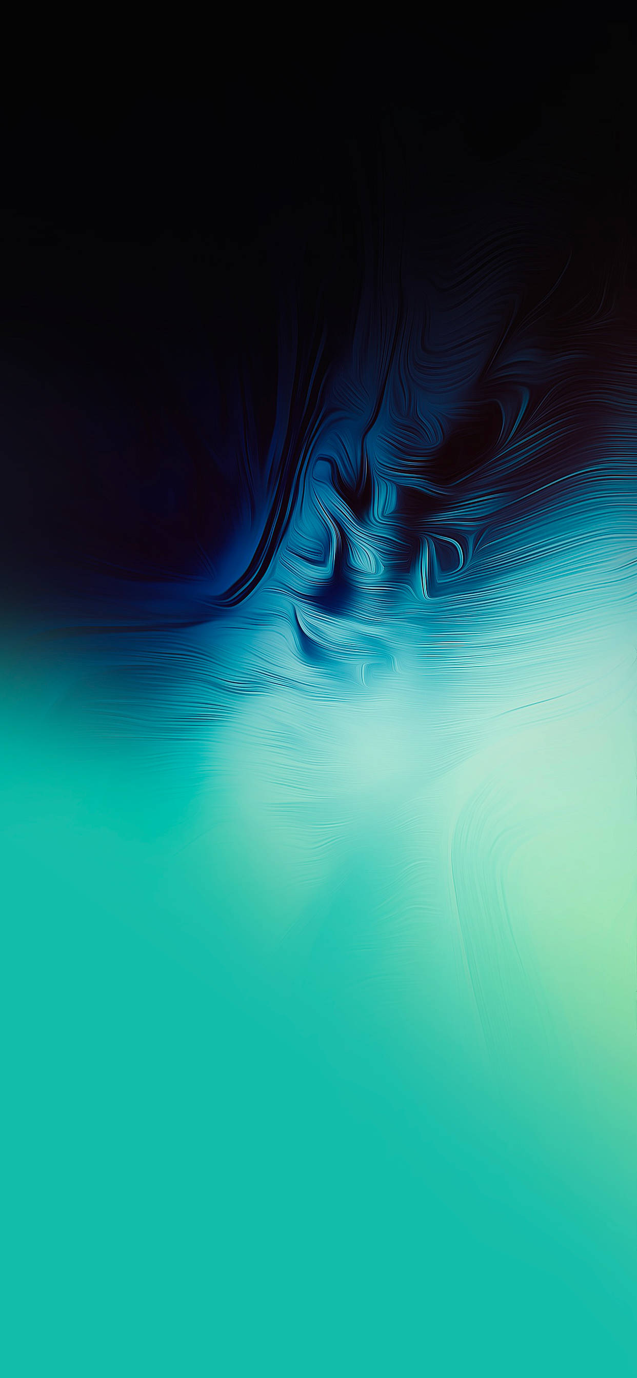 Galaxy S10 Plus 桌布 壁紙 — 深藍色和藍綠色漸變的動態抽象漩渦在黑色背景上向上流動。