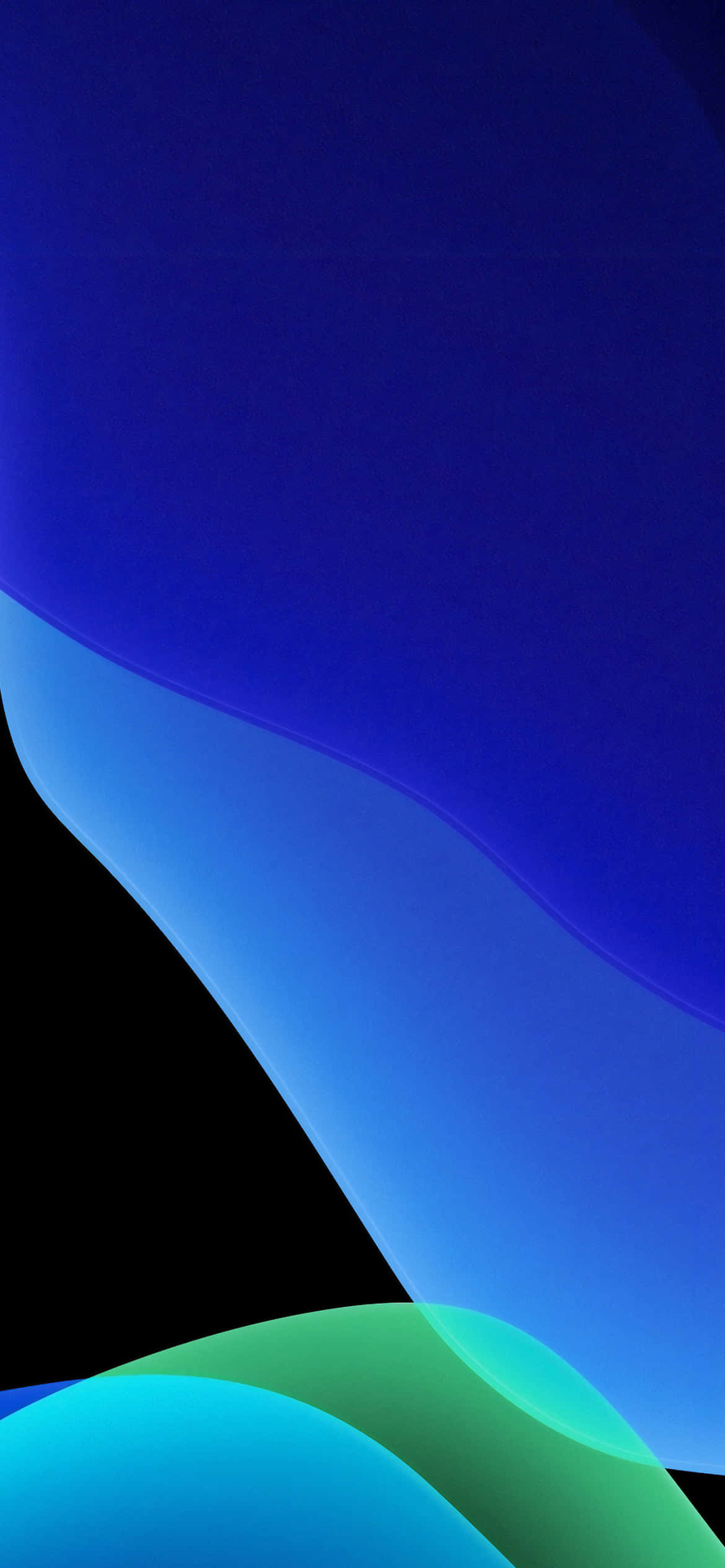 iPhone x dynamic 桌布 壁紙 — 深藍色和藍綠色的平滑漸層波浪在純黑色背景上流動，營造出現代數位抽象效果。