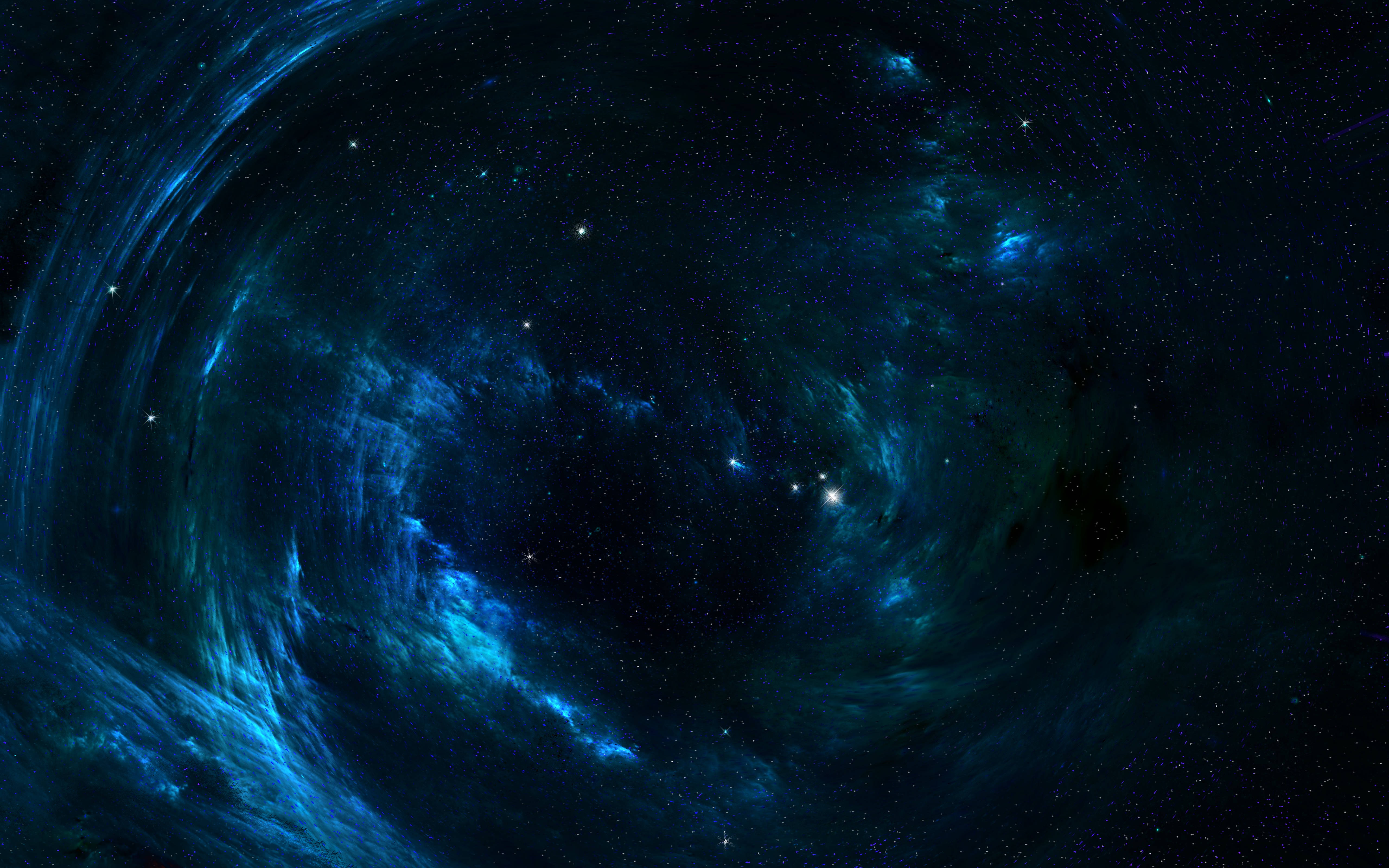 星雲 桌布 壁紙 — 深藍色和藍綠色的旋轉宇宙星雲，在黑暗的太空中散佈著發光的星星。