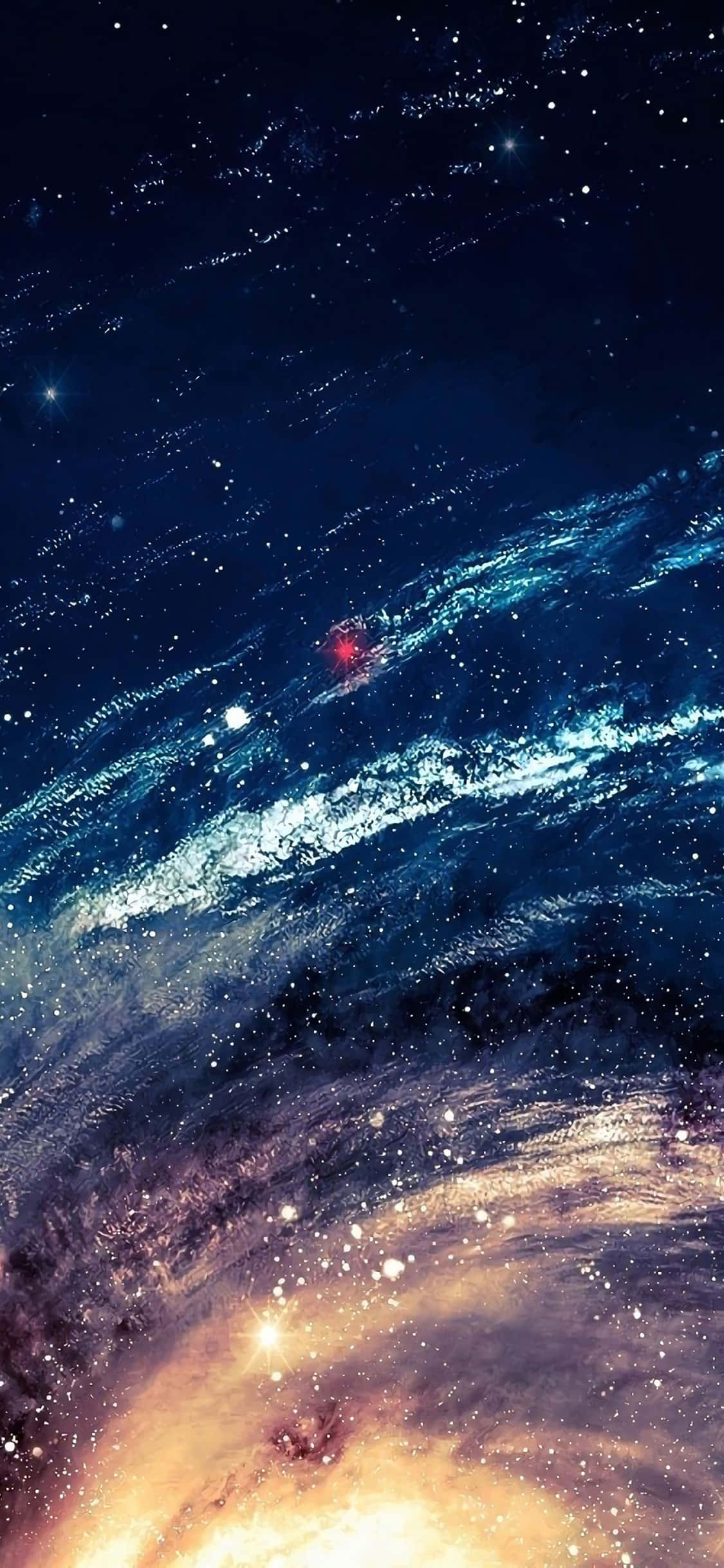 桌布 壁紙 — 深藍色和金色星雲的宇宙漩渦橫跨星空，其中有發光的天體。