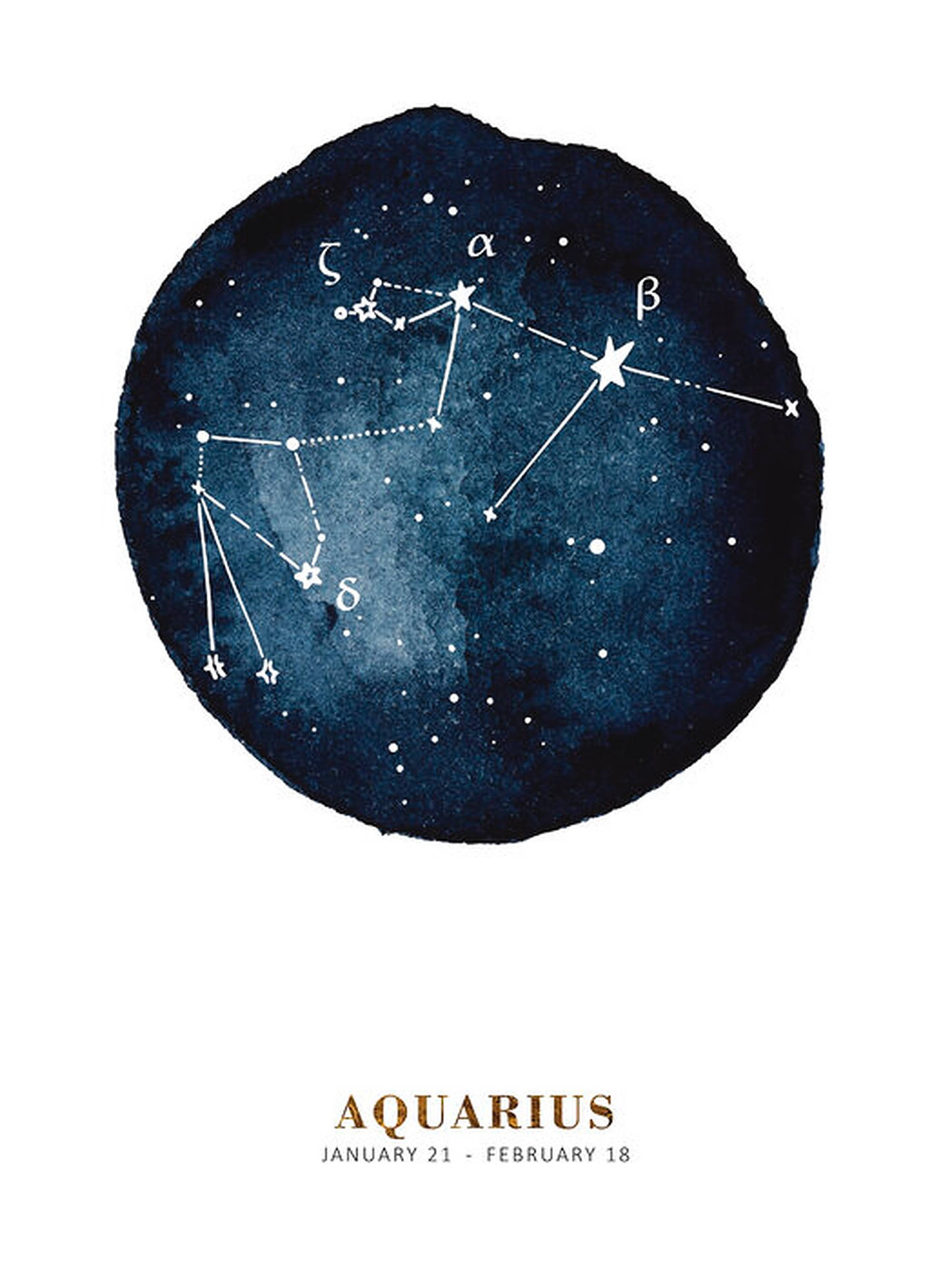 aquarius 桌布 壁紙 — 深藍色圓形背景上帶有標籤星星的水瓶座水彩插圖。
