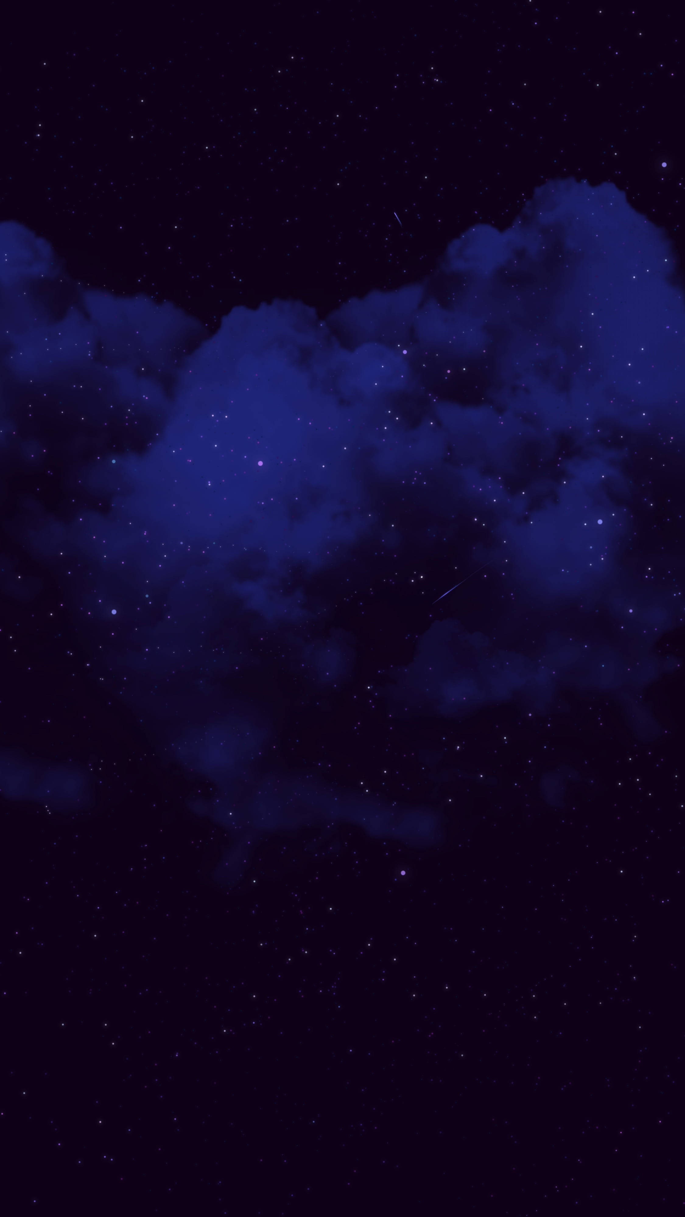 Aesthetic Dark Blue 桌布 壁紙 — 深藍色夜空，佈滿星星和發光的雲層，有一道微弱的流星劃過。