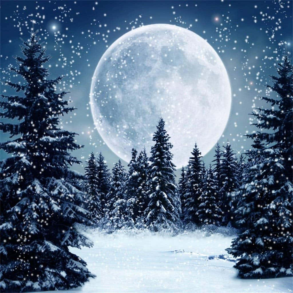 full moon 桌布 壁紙 — 深藍色夜空下，一片積雪森林，巨大發光的月亮，飄落的雪花和閃爍的星星。