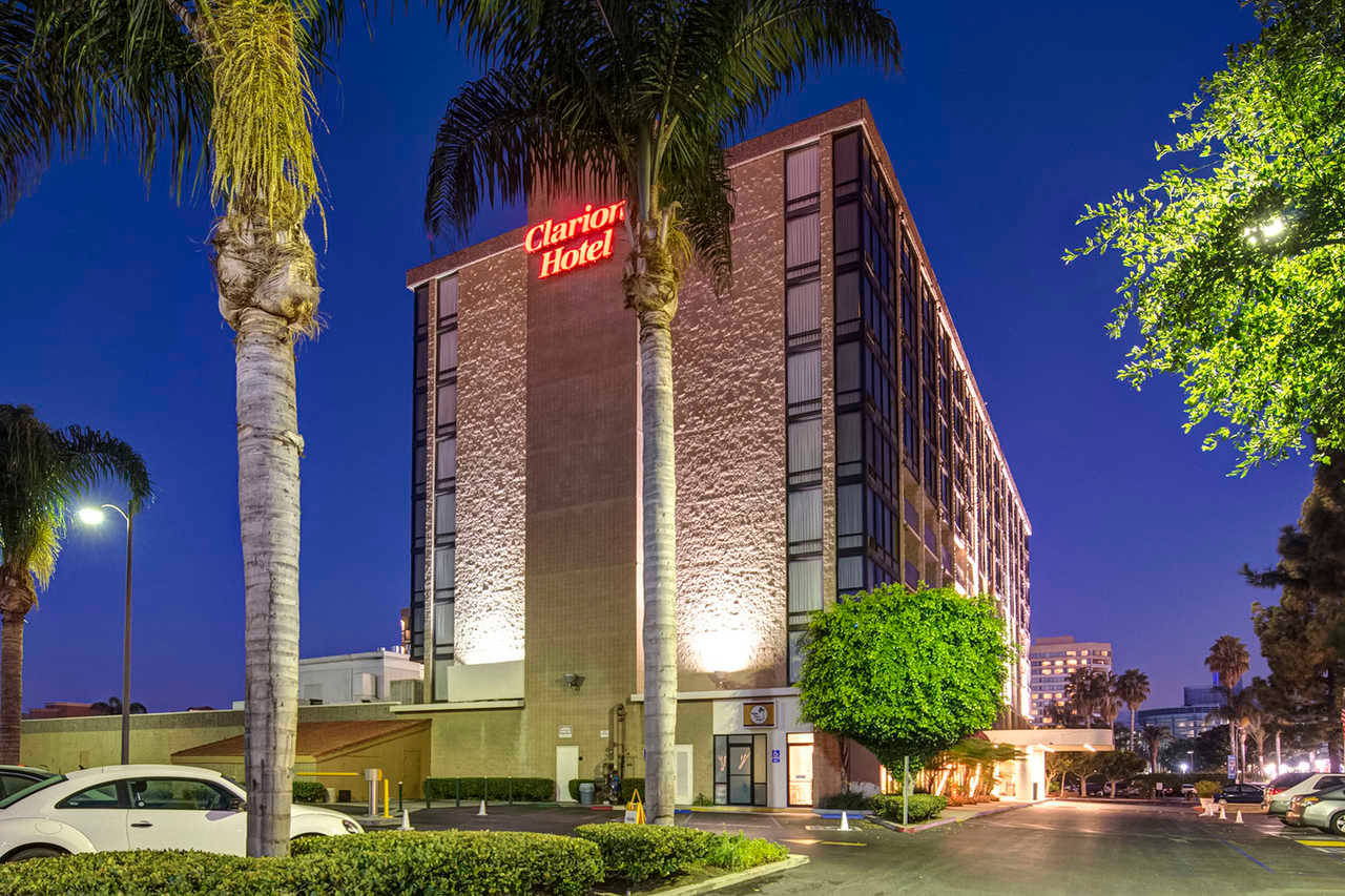 Building 桌布 壁紙 — 深藍色天空下，Clarion Hotel 在夜晚被棕櫚樹和綠植照亮。