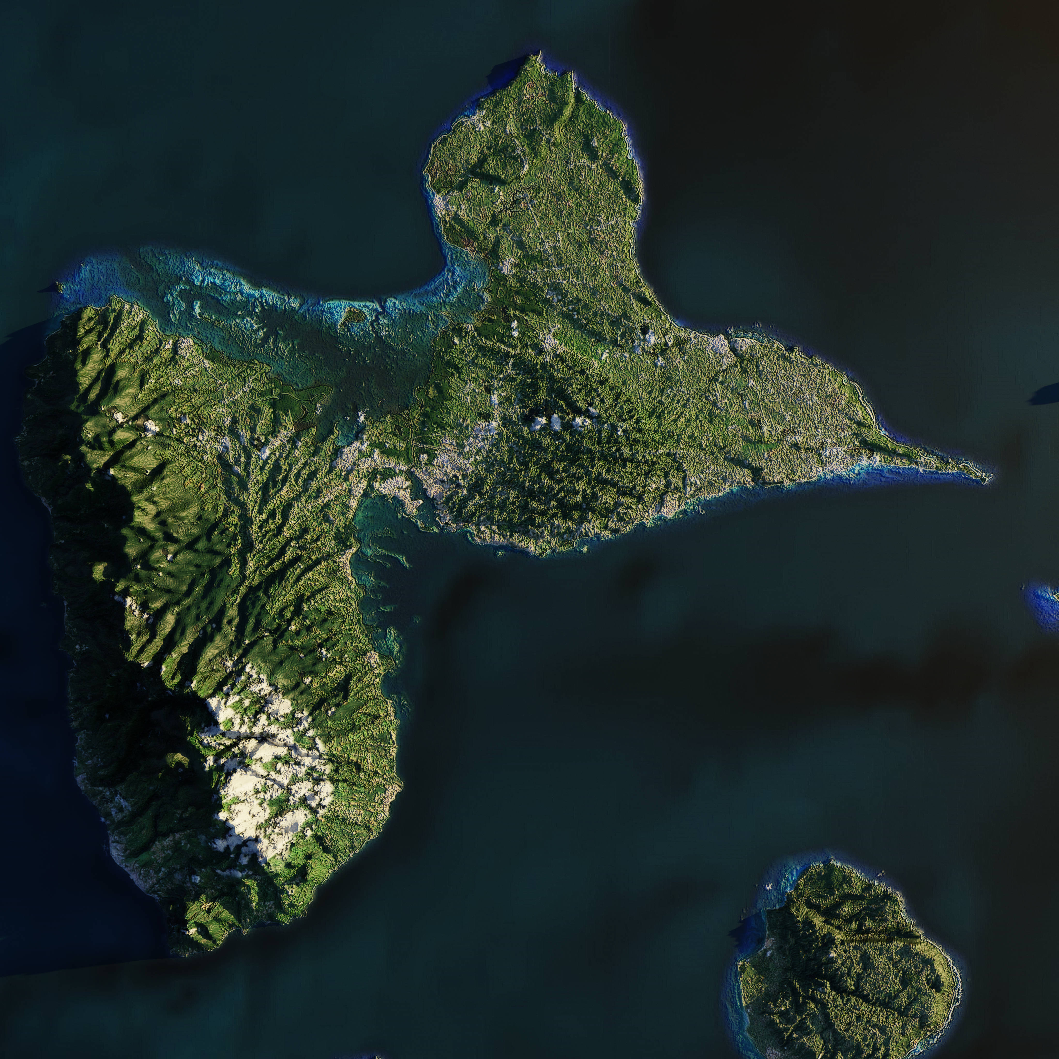 Guadeloupe 桌布 壁紙 — 深藍色天空下，一個鬱鬱蔥蔥的綠色島嶼，擁有崎嶇地形和沿海水域的航空衛星視圖。