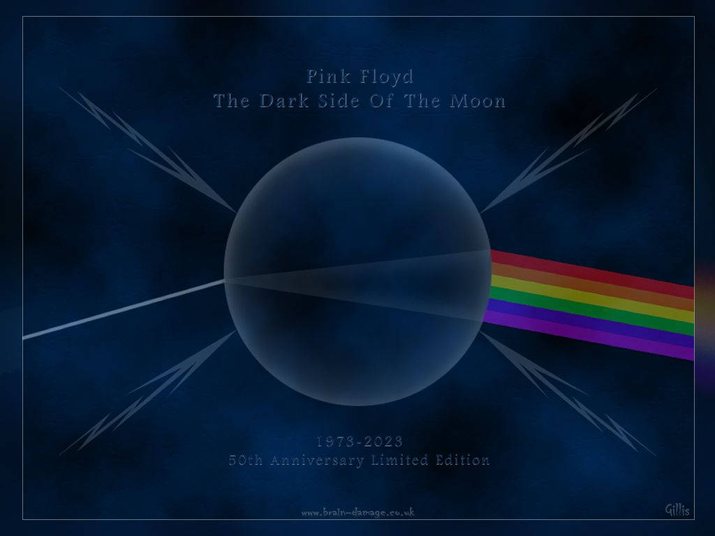Floyd 桌布 壁紙 — 深藍色宇宙場景中，月球表面出現彩虹棱鏡光束，並有文字慶祝Pink Floyd成立50週年。