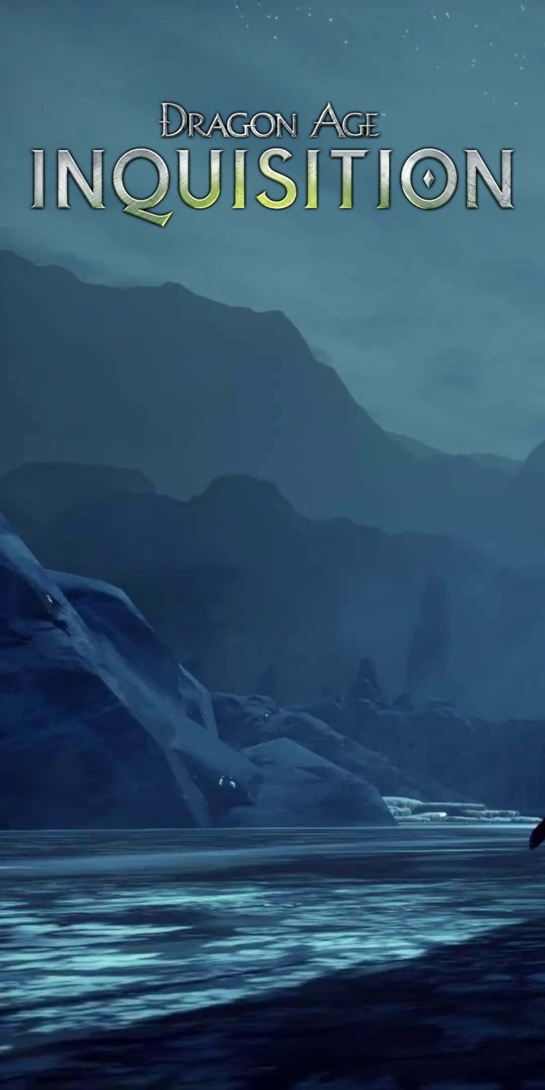 Pixel 3 Dragon Age Inquisition 桌布 壁紙 — 深藍色山脈景觀，星空下，遊戲標題 Dragon Age Inquisition 在上方發光。